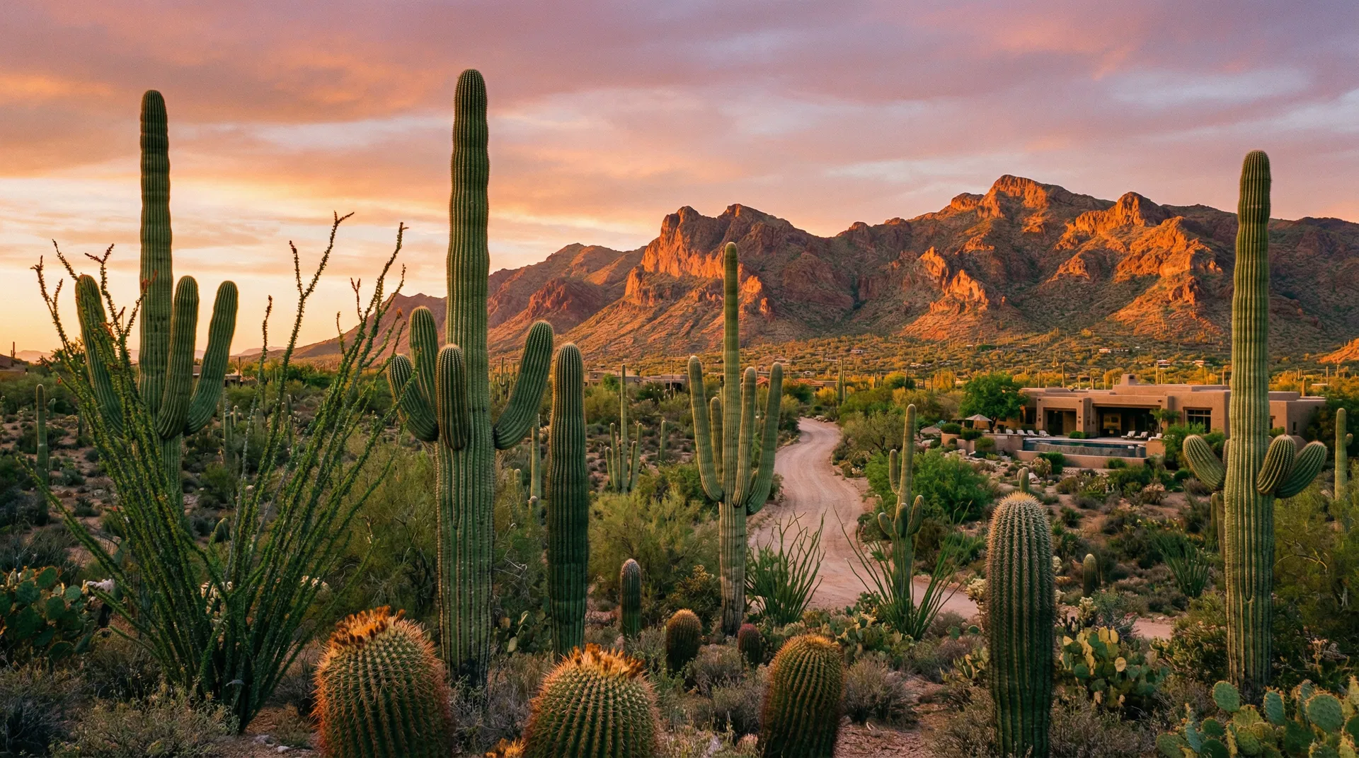 Stunning Arizona Scottsdale landscape with saguaro cacti and desert mountains at golden hour