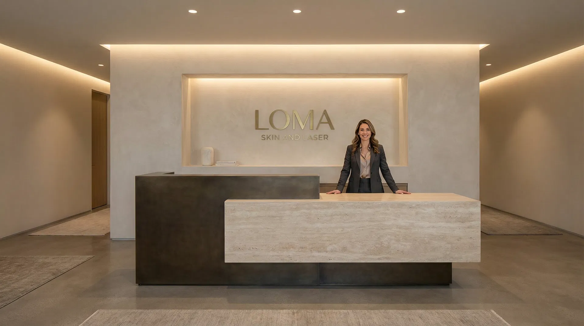 Ultra-luxury high-end medical spa reception desk with one professional woman clinician behind the counter, premium materials and sophisticated lighting