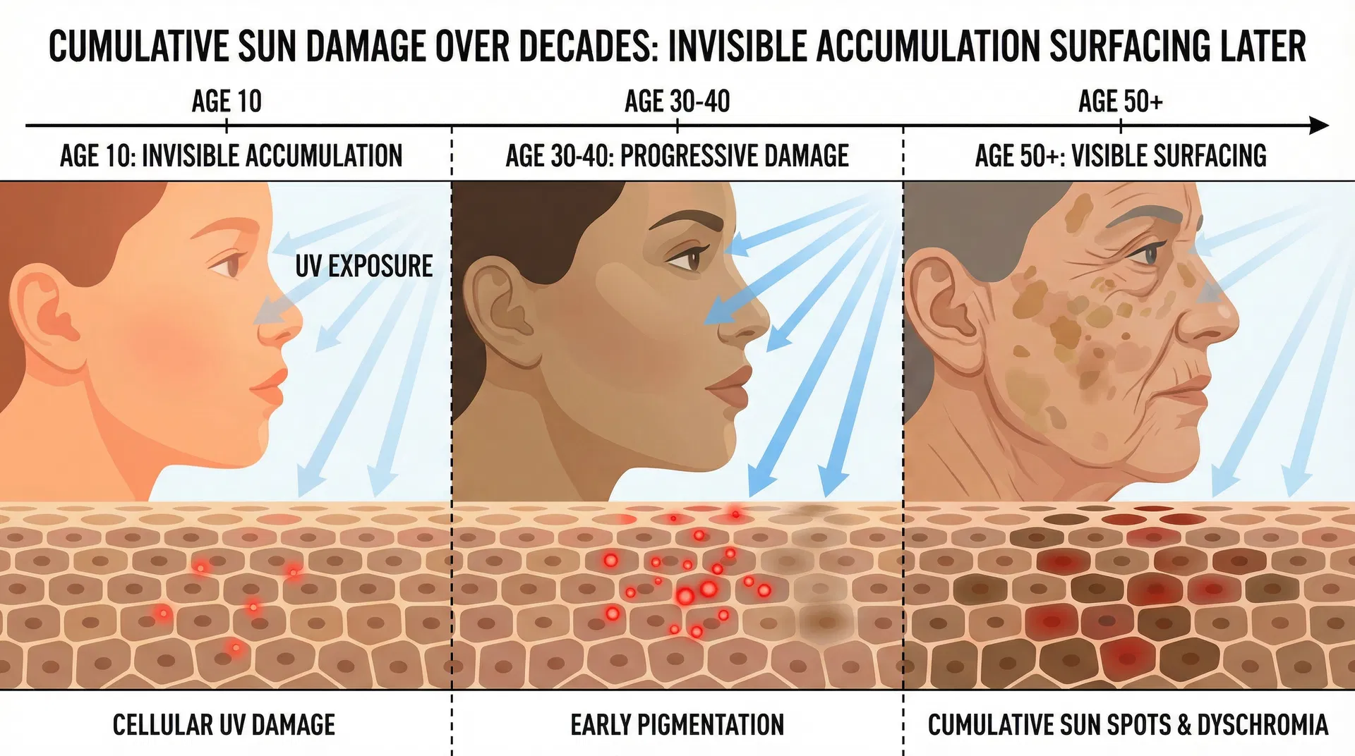 Timeline illustration showing progression from age 10 with invisible cellular damage, age 30-40 with early pigmentation changes, to age 50+ with visible sun spots and dyschromia on the skin surface
