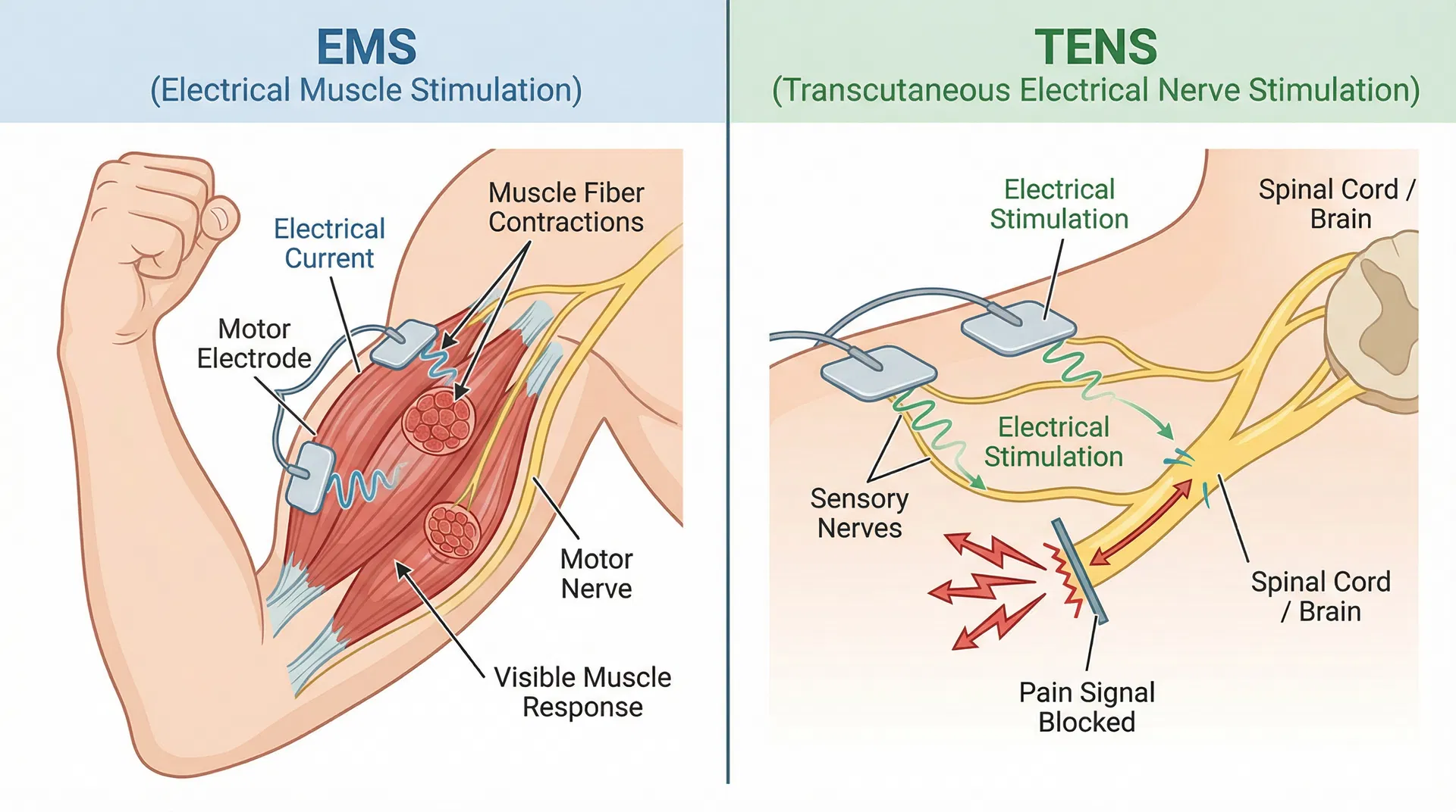 Detailed anatomical comparison showing EMS electrodes triggering motor nerve depolarization and muscle fiber contractions versus TENS electrodes stimulating sensory nerves to block pain signals