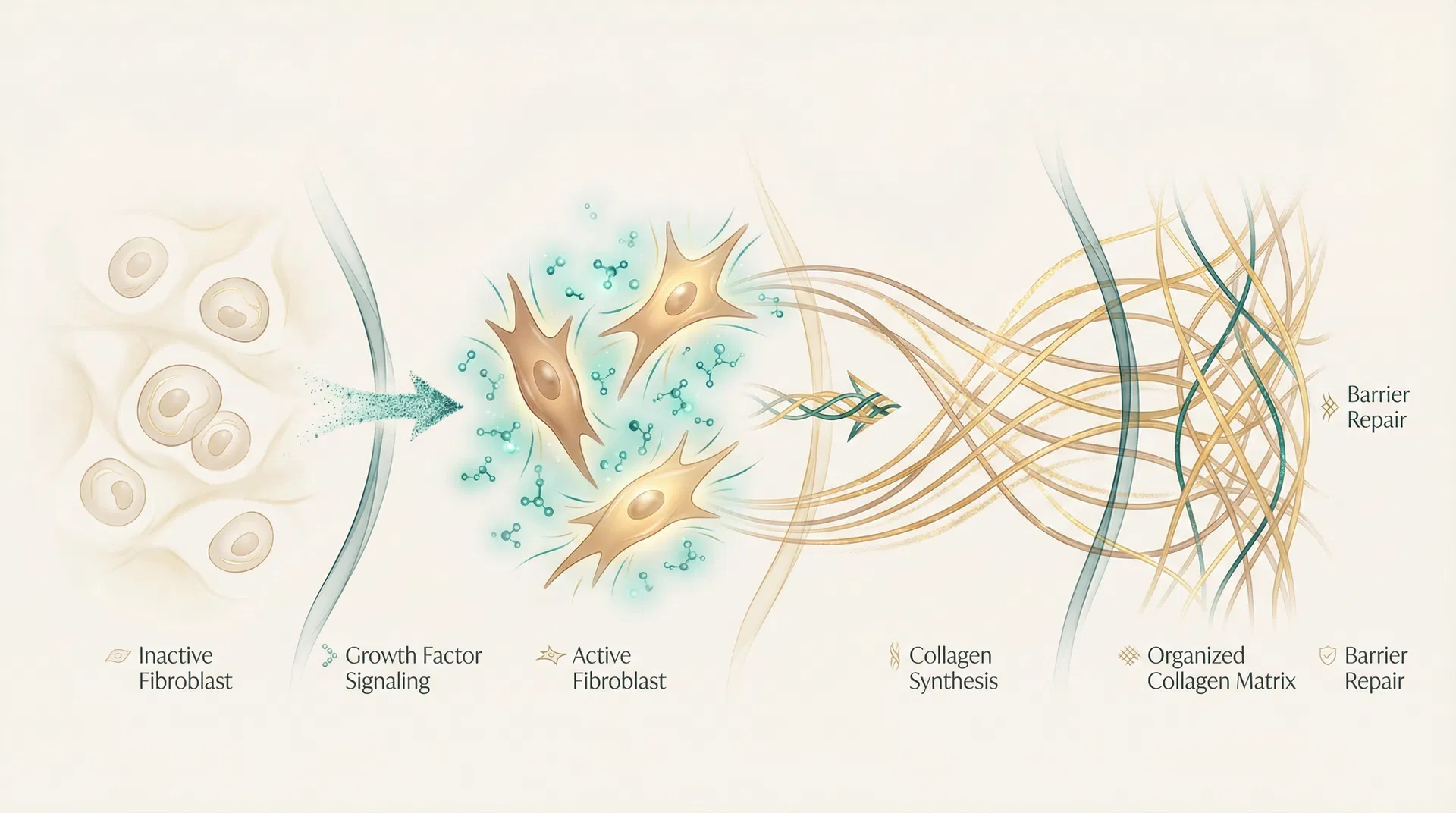 Elegant scientific illustration of cellular collagen formation showing inactive fibroblasts, growth factor signaling, active fibroblasts, collagen synthesis, organized collagen matrix, and barrier repair