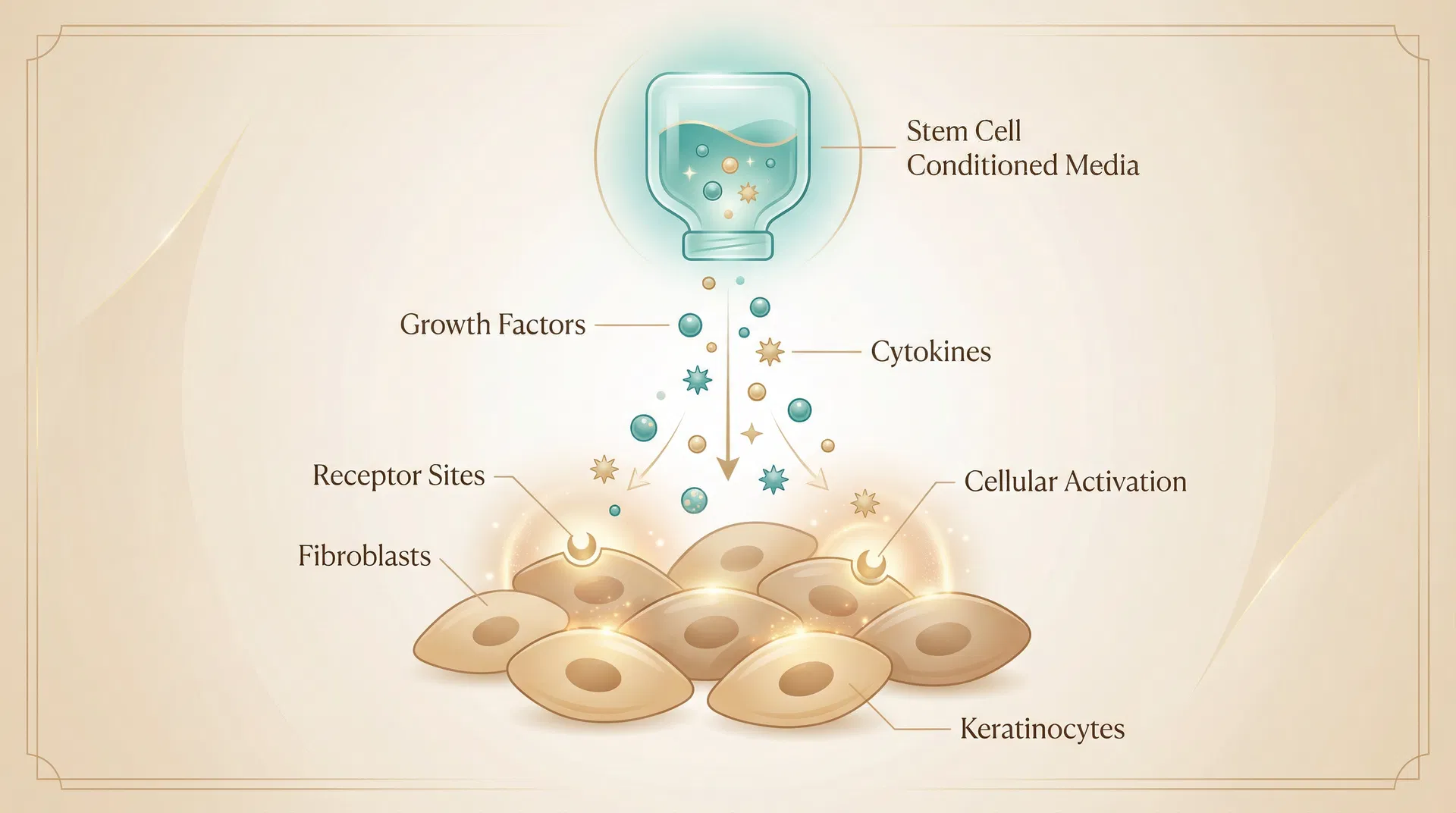 Elegant scientific illustration of growth factor signaling showing stem cell conditioned media, growth factors, cytokines, receptor sites, fibroblasts, and cellular activation
