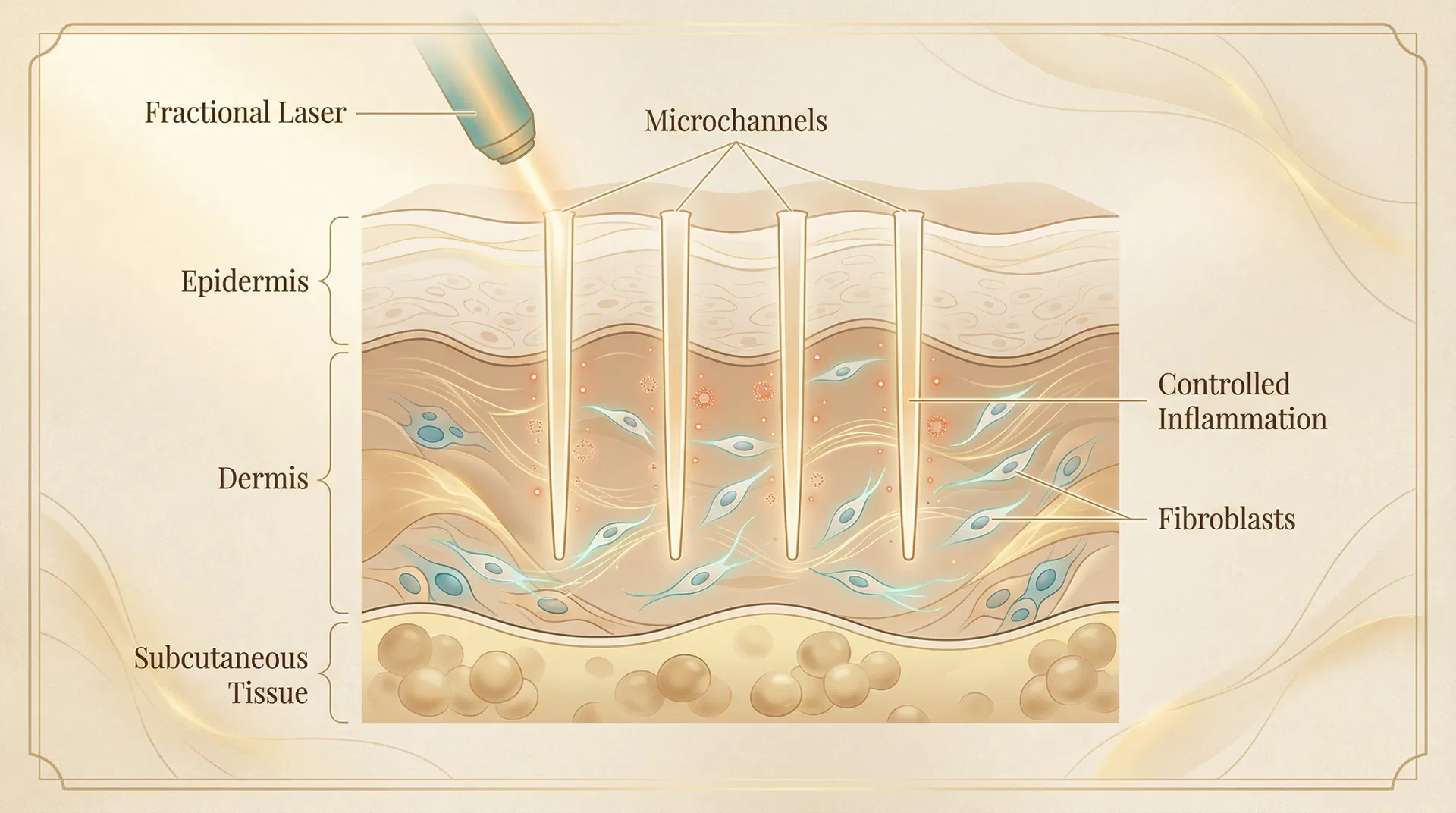 Elegant scientific cross-section diagram showing skin layers, laser-created microchannels, epidermis, dermis, controlled inflammation, and fibroblasts