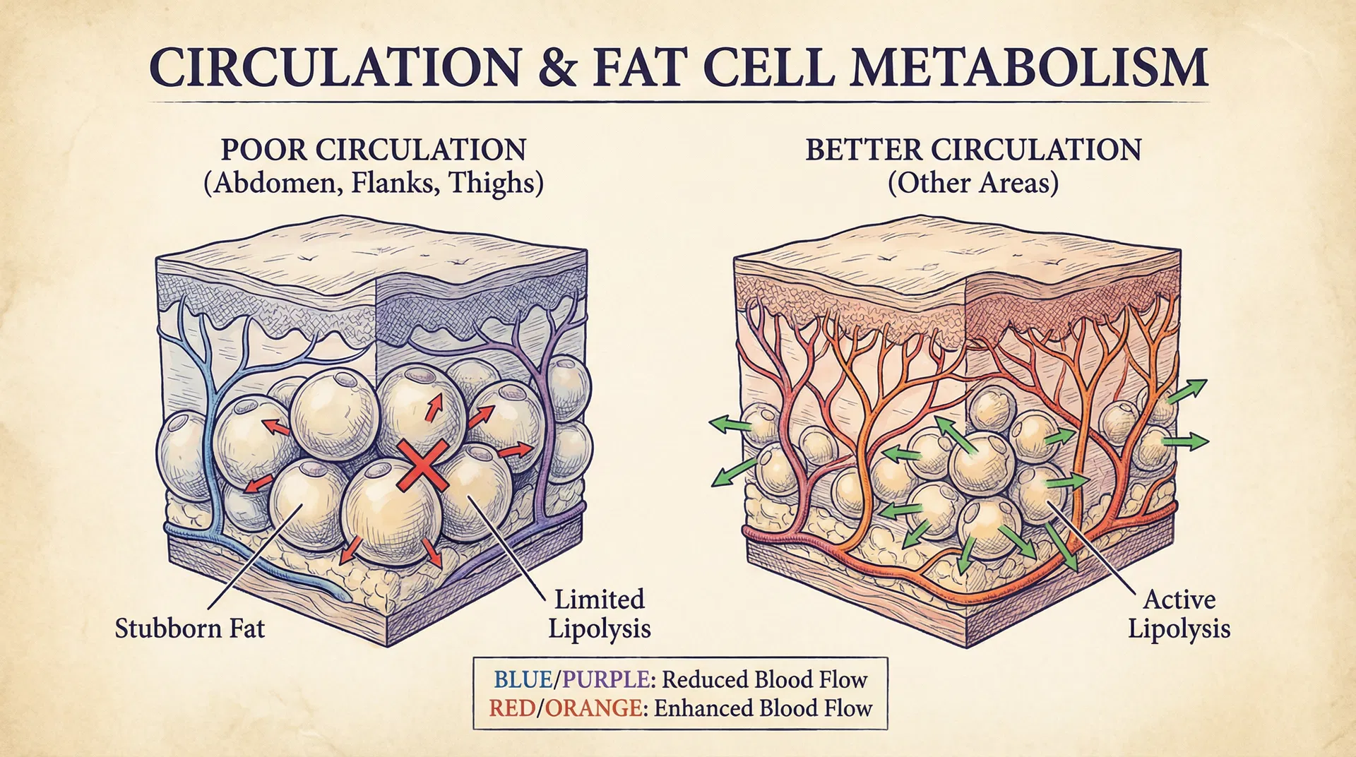 Scientific illustration showing circulation differences between stubborn fat areas with poor blood flow and metabolically active areas with enhanced blood vessel networks