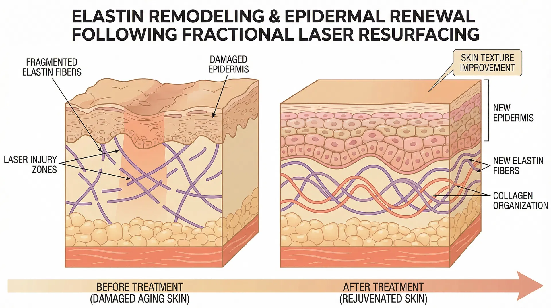 Detailed before-and-after anatomical illustration showing elastin remodeling and epidermal renewal following fractional laser resurfacing, comparing damaged aging skin with fragmented elastin fibers and damaged epidermis to rejuvenated skin with organized new elastin fibers, healthy new epidermis, and improved collagen organization