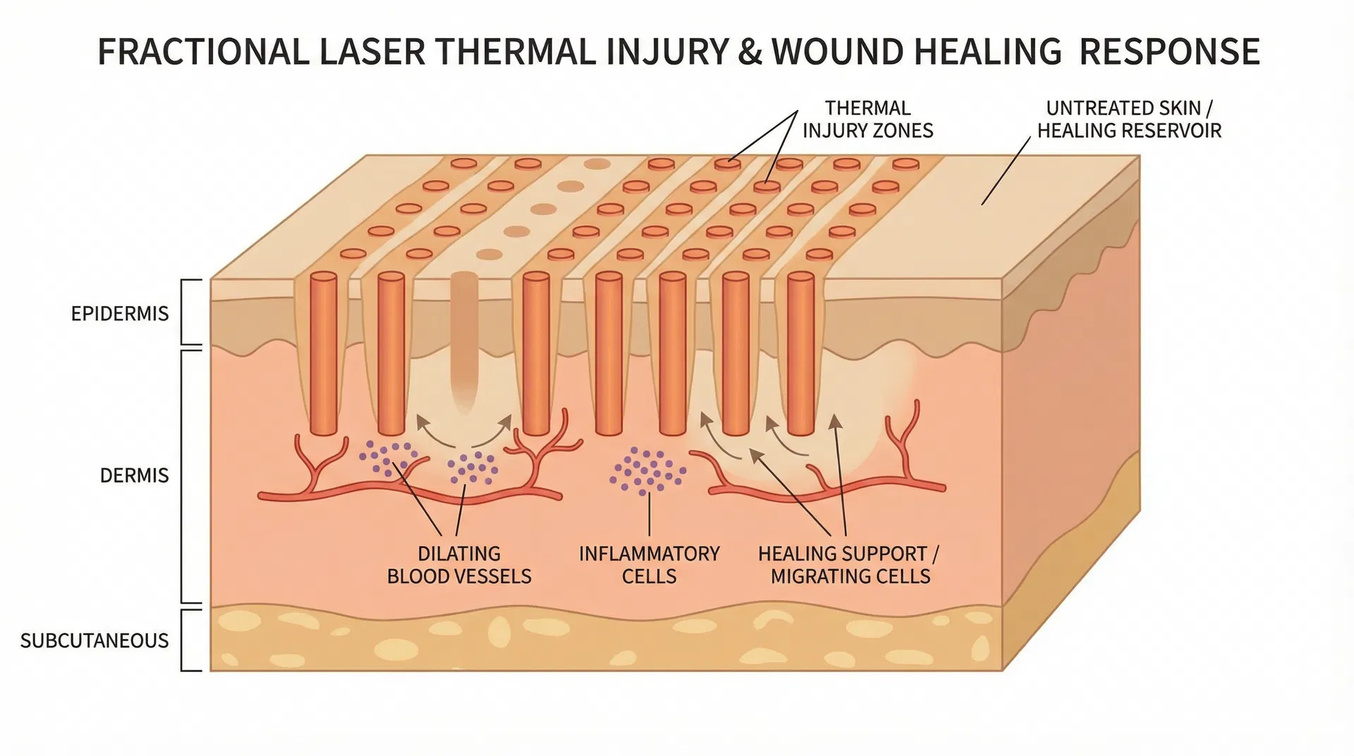 Detailed anatomical illustration of fractional laser thermal injury and wound healing response showing skin cross-section with fractional laser creating microscopic thermal zones in grid pattern (15-25% of surface), untreated skin serving as healing reservoir, blood vessels dilating, and inflammatory cells infiltrating the thermal injury zones