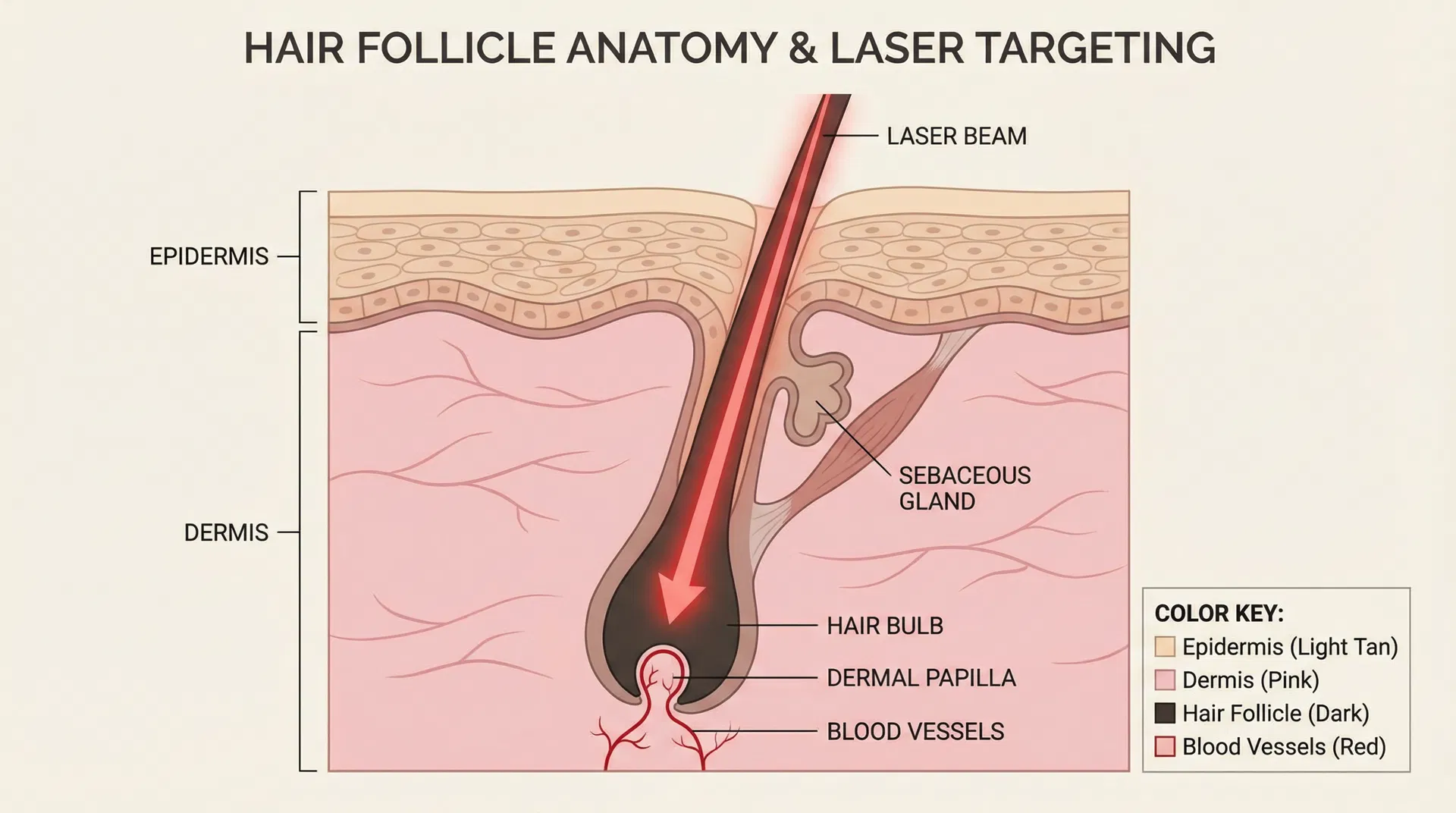 Detailed scientific illustration of hair follicle anatomy showing laser targeting the dermal papilla and hair bulb