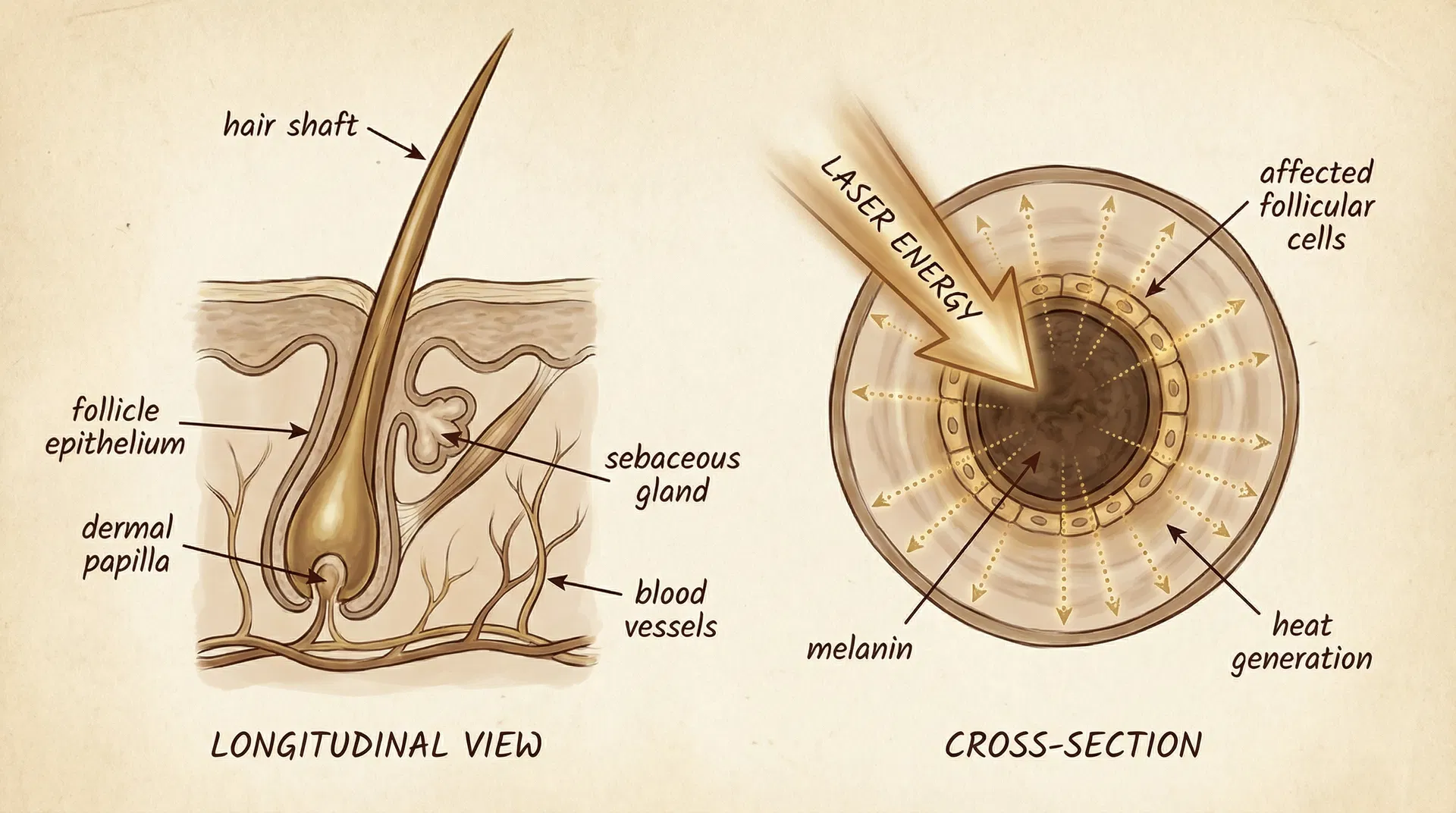 Detailed anatomical illustration of hair follicle structure showing hair shaft, follicle epithelium, dermal papilla with fibroblasts and vascular tissue, sebaceous gland, blood vessels, and the relationship between follicular components essential for hair growth