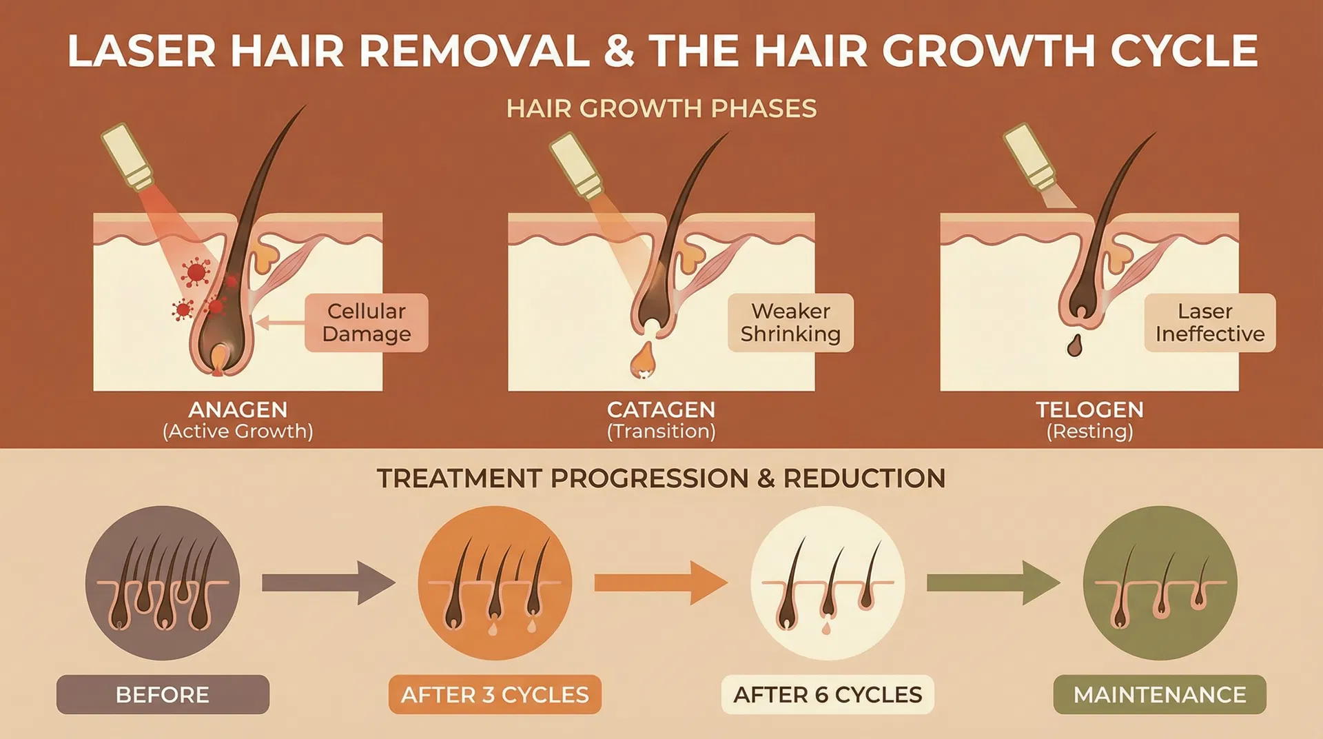 Scientific illustration showing hair growth cycle phases (anagen, catagen, telogen) with laser therapy effects on each phase, depicting follicles in different growth stages, laser targeting and cellular stimulation in active follicles, and progression of hair density improvement over multiple treatment cycles