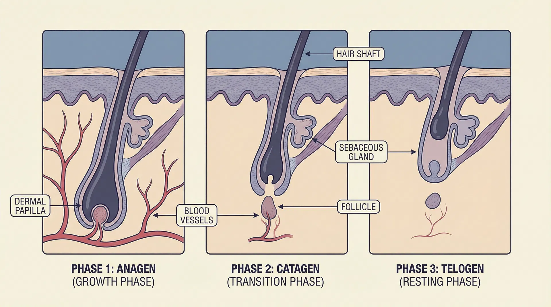 Scientific illustration showing the three phases of hair growth cycle: anagen, catagen, and telogen