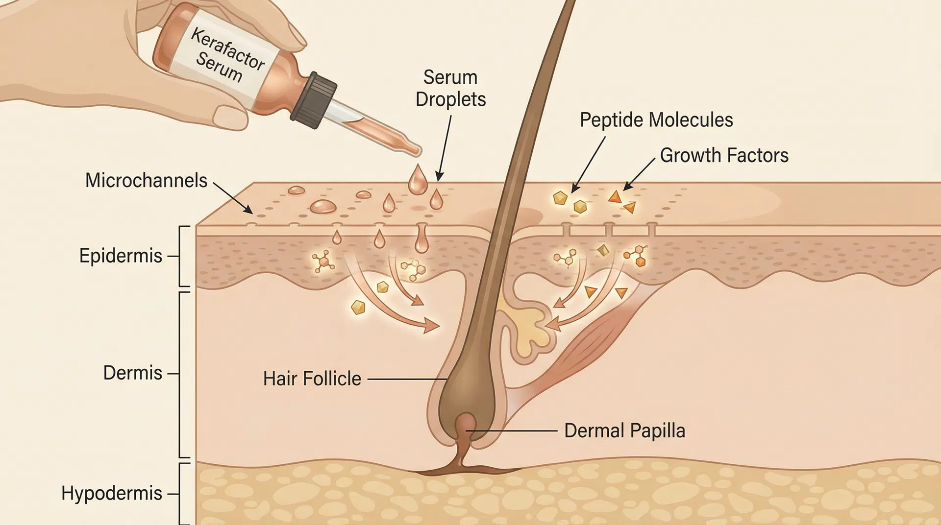 Kerafactor serum application with peptides and growth factors being absorbed through microchannels into hair follicles