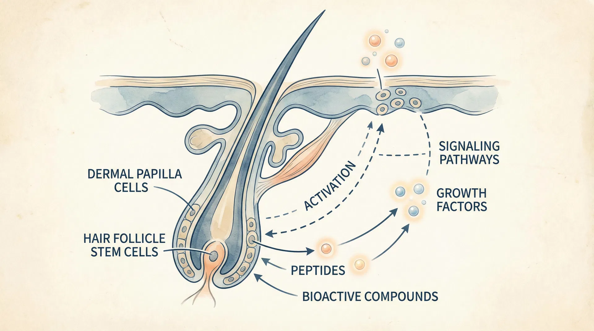 Peptides and growth factors activating hair follicle cells