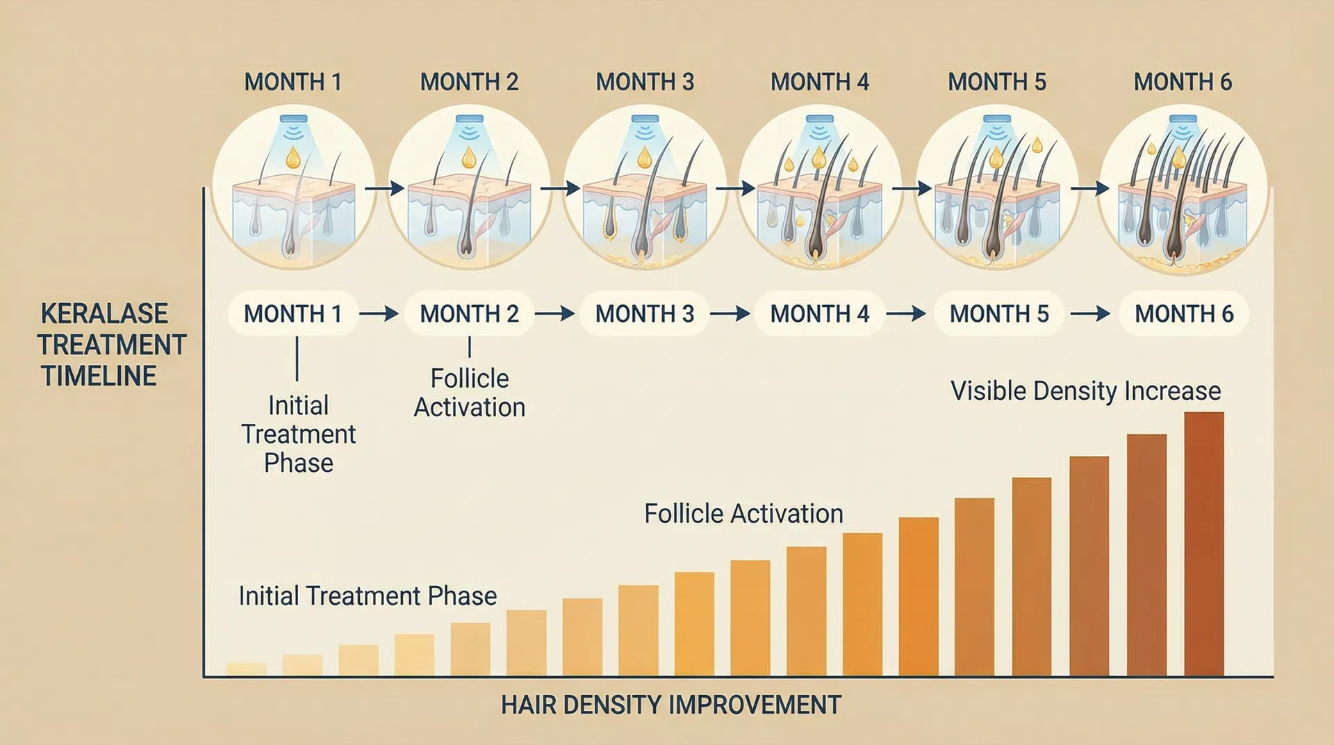 KeraLase treatment timeline showing hair density improvement from month 1 to month 6