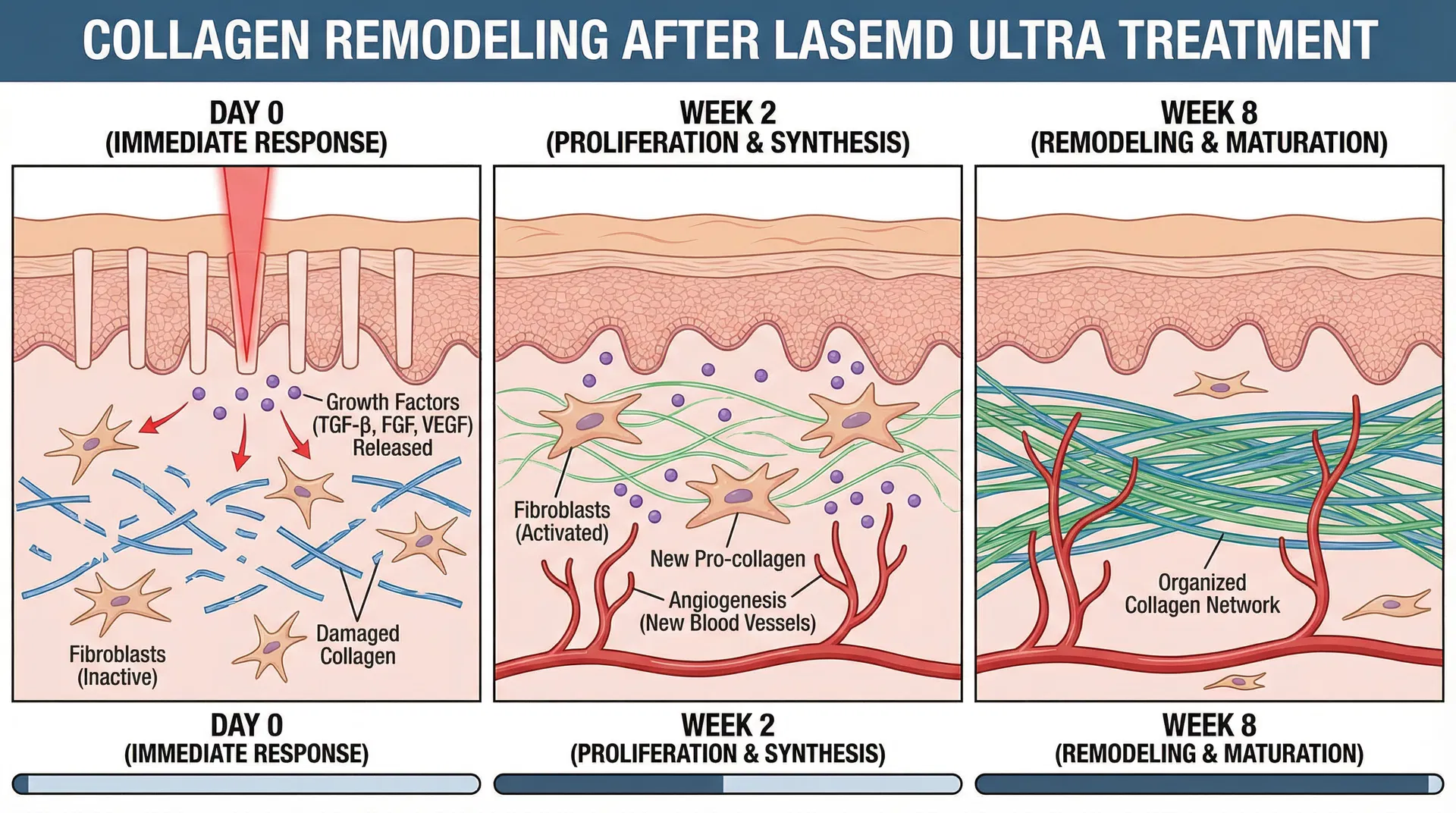 Scientific timeline showing collagen remodeling progression after LaseMD Ultra treatment: Day 0 showing thermal injury and growth factor release, Week 2 showing fibroblast activation and new collagen synthesis with angiogenesis, and Week 8 showing organized mature collagen network formation