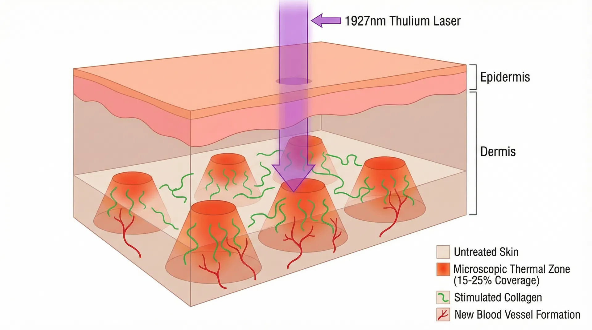 Detailed scientific cross-section of skin showing 1927nm thulium laser creating microscopic thermal zones in a fractional grid pattern (15-25% coverage) in the epidermis and dermis, with untreated skin between zones, stimulated collagen fibers, and new blood vessel formation