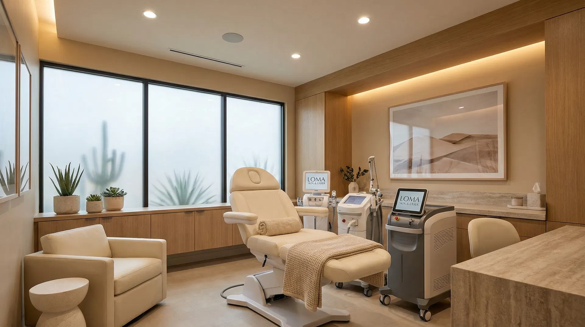 Professional luxury laser treatment room at Loma Skin and Laser in Scottsdale with modern minimalist design, warm neutral tones, comfortable treatment chair, professional medical equipment, soft warm lighting, and Arizona desert-inspired decor