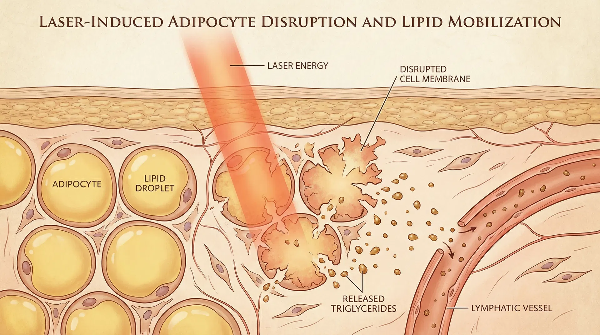 Detailed anatomical illustration of laser-induced adipocyte disruption and lipid mobilization showing intact adipocytes with large lipid droplets on the left, laser energy beam penetrating tissue, disrupted adipocytes with broken cell membranes releasing triglycerides, and lymphatic vessels on the right ready to transport released lipids