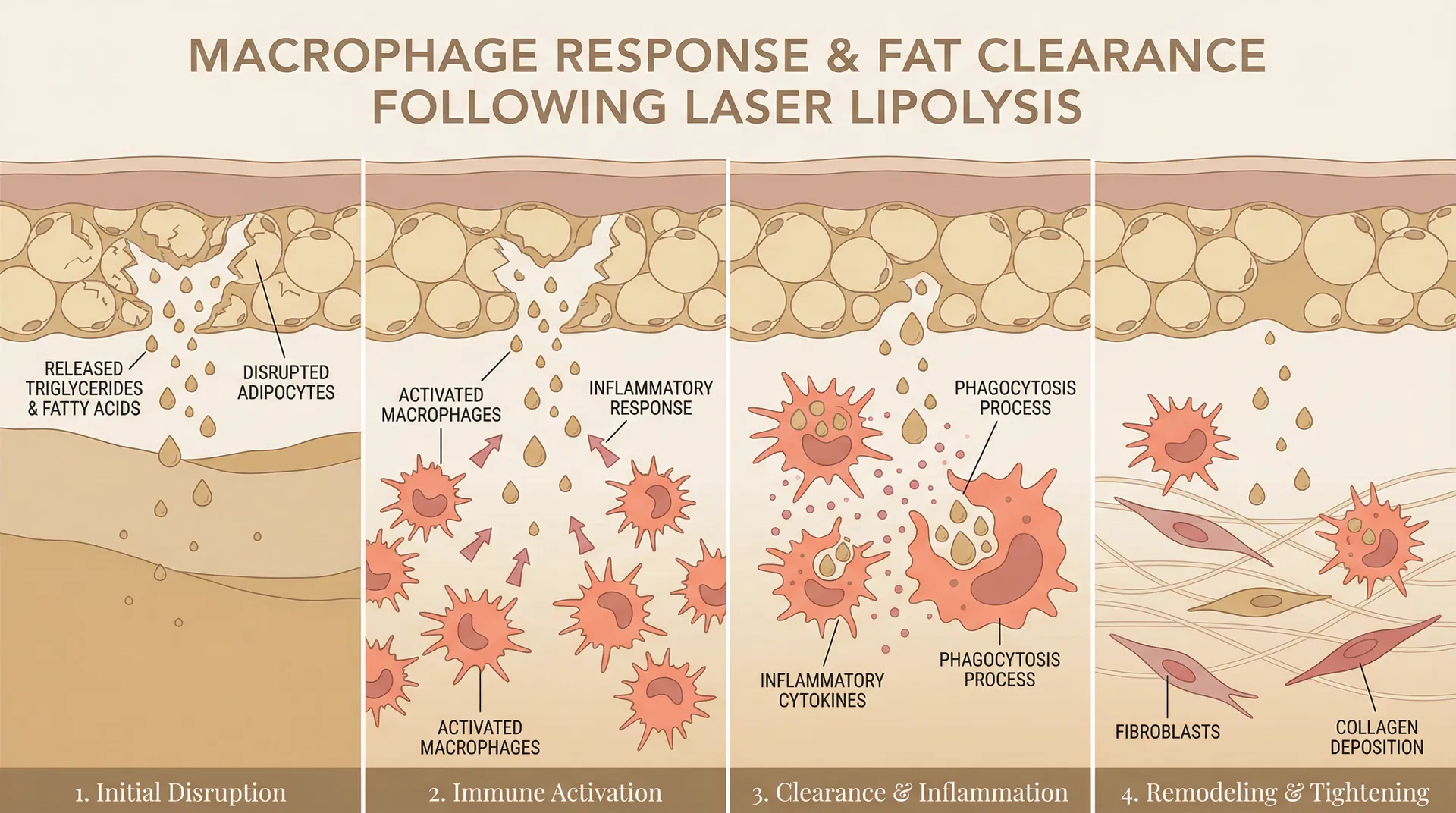 Detailed four-stage anatomical illustration showing macrophage immune response and fat clearance progression: initial disruption of adipocytes releasing triglycerides, immune activation with macrophages infiltrating the area, clearance and inflammation with macrophages phagocytosing released lipids and inflammatory cytokines being released, and final remodeling and tightening with fibroblasts depositing new collagen