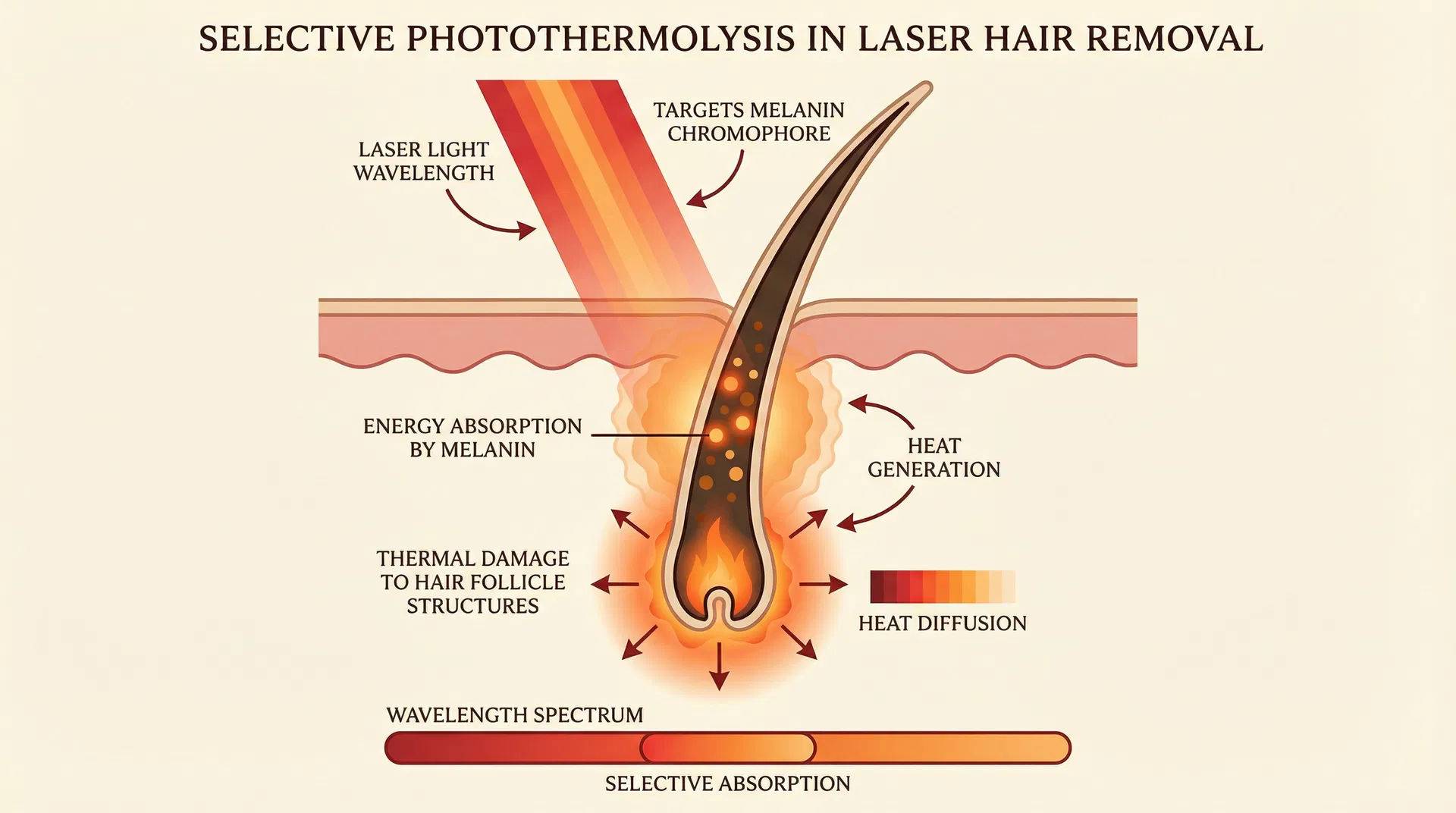Scientific diagram illustrating selective photothermolysis mechanism in laser hair removal showing laser light wavelength targeting melanin in hair shaft, energy absorption by melanin chromophore, heat generation, thermal damage to hair follicle structures, and heat diffusion pattern with wavelength spectrum