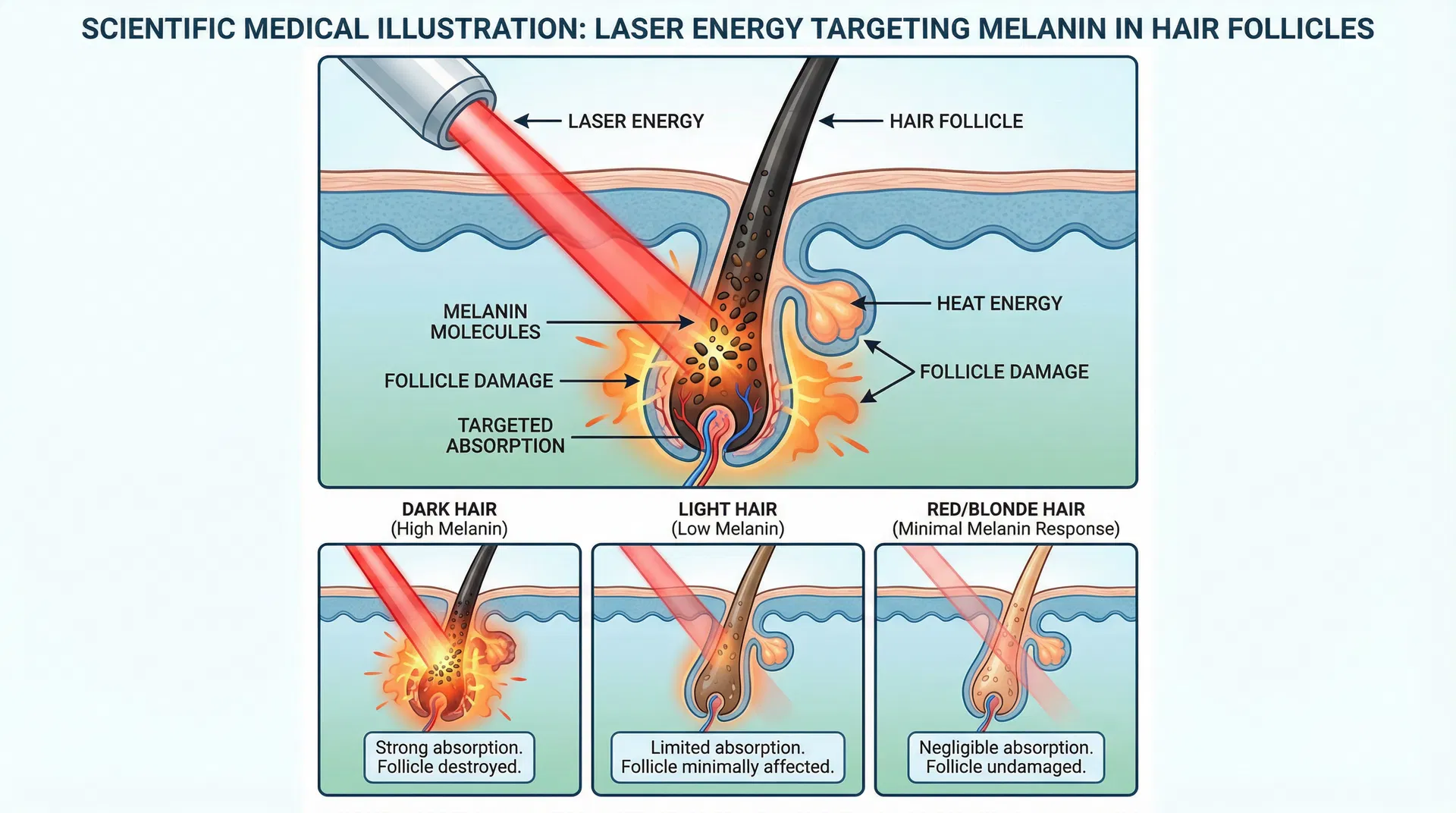 Scientific medical illustration showing how laser energy targets melanin in hair follicles and why different hair colors respond differently
