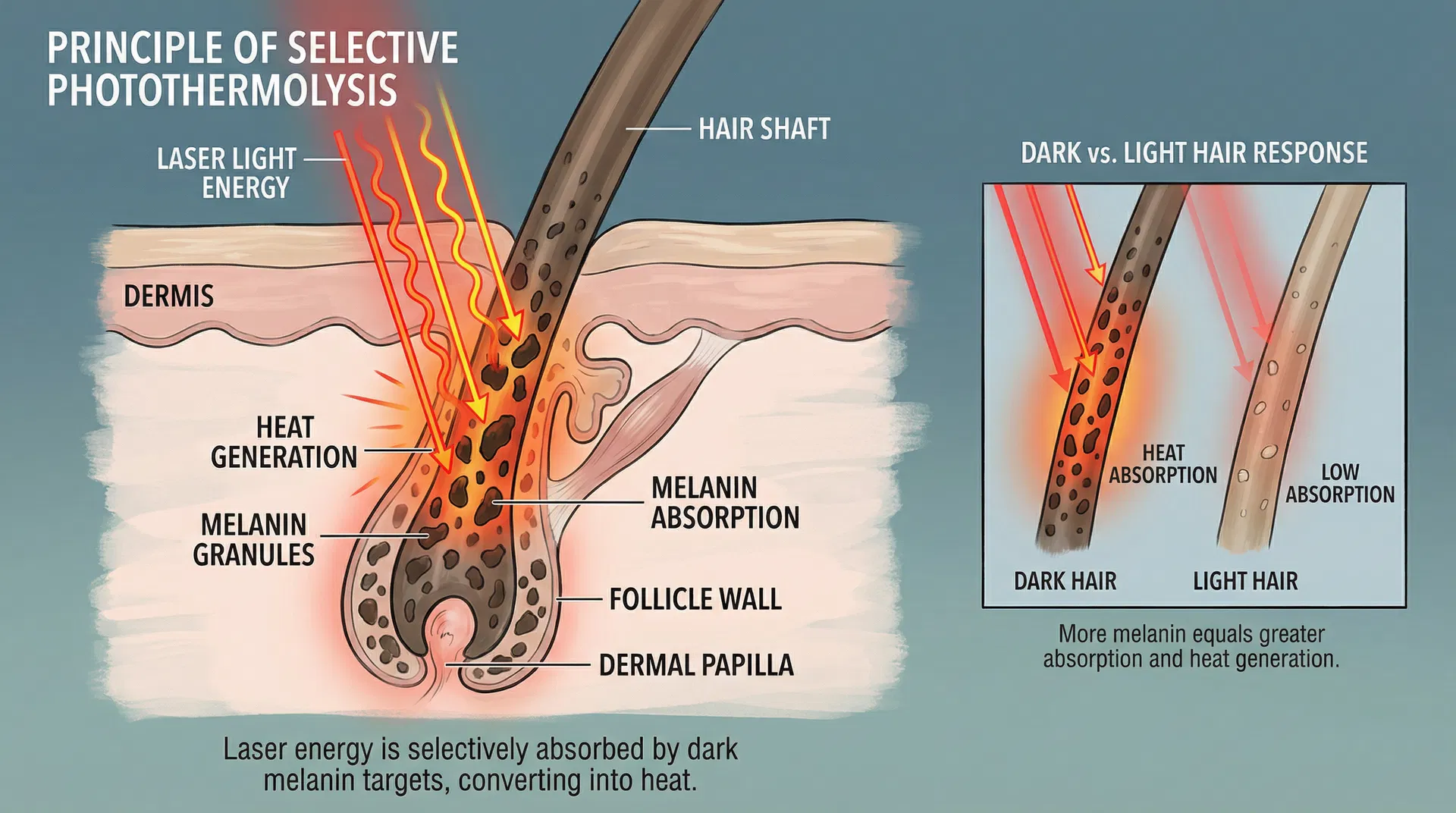 Selective photothermolysis showing laser targeting melanin in dark hair versus light hair and different skin tones