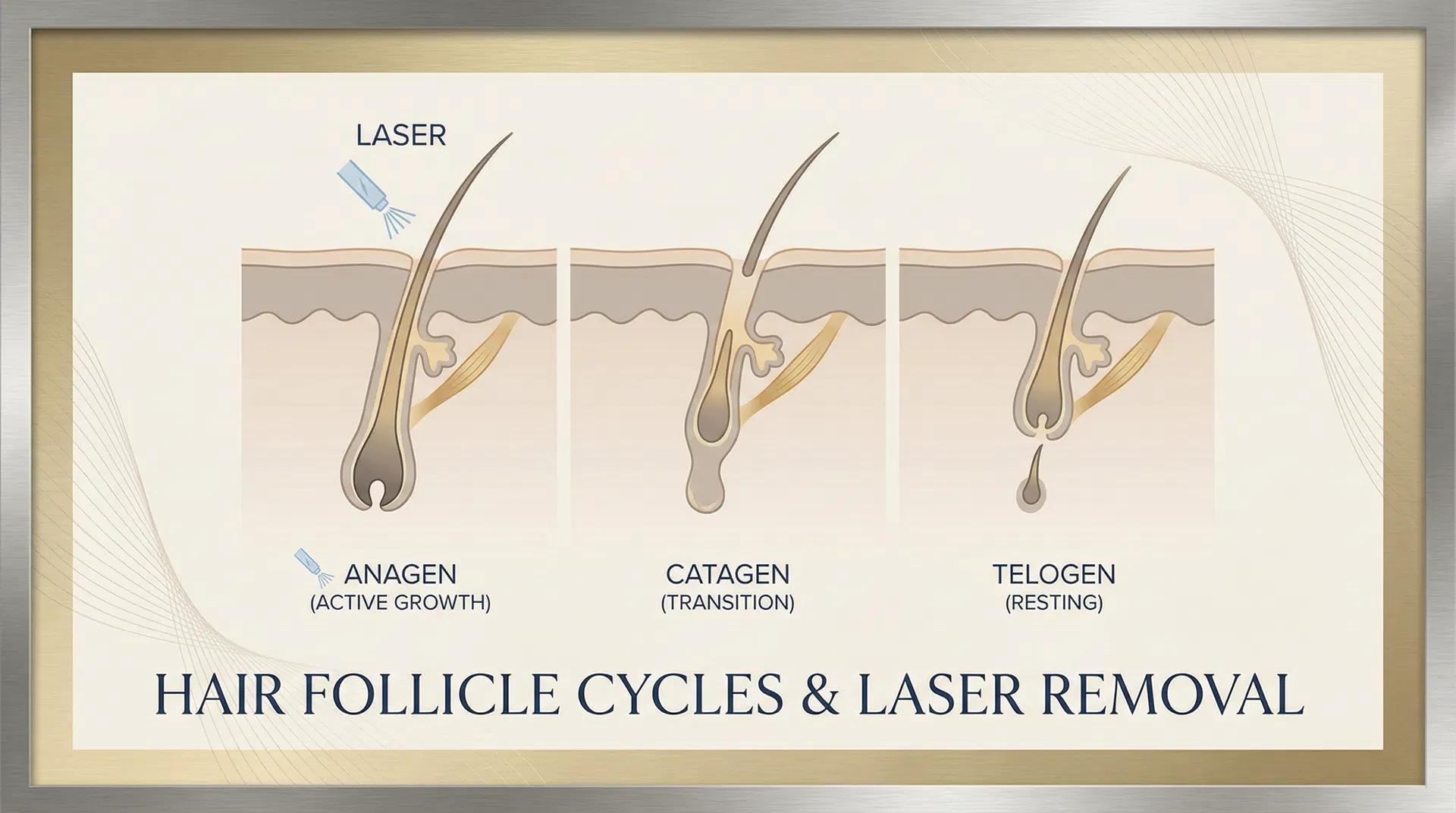 High-end medical illustration showing three phases of hair growth cycle: anagen (active growth), catagen (transition), and telogen (resting) with laser targeting