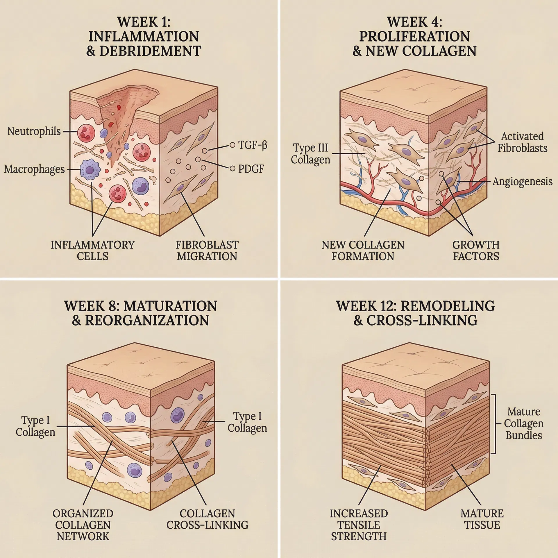 4-stage collagen remodeling timeline showing Week 1 inflammation, Week 4 proliferation, Week 8 maturation, and Week 12 cross-linking with detailed cellular illustrations