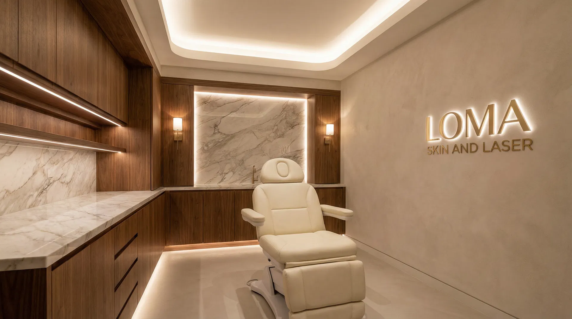 Premium Scottsdale dermatology treatment room with LaseMD Ultra laser device, warm wood cabinetry, marble accents, Loma Skin and Laser branding