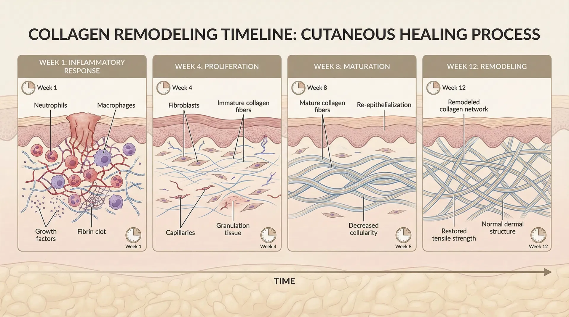 Professional medical illustration of 4-stage collagen remodeling timeline showing Week 1 inflammatory response, Week 4 proliferation, Week 8 maturation, and Week 12 remodeling with detailed cellular components