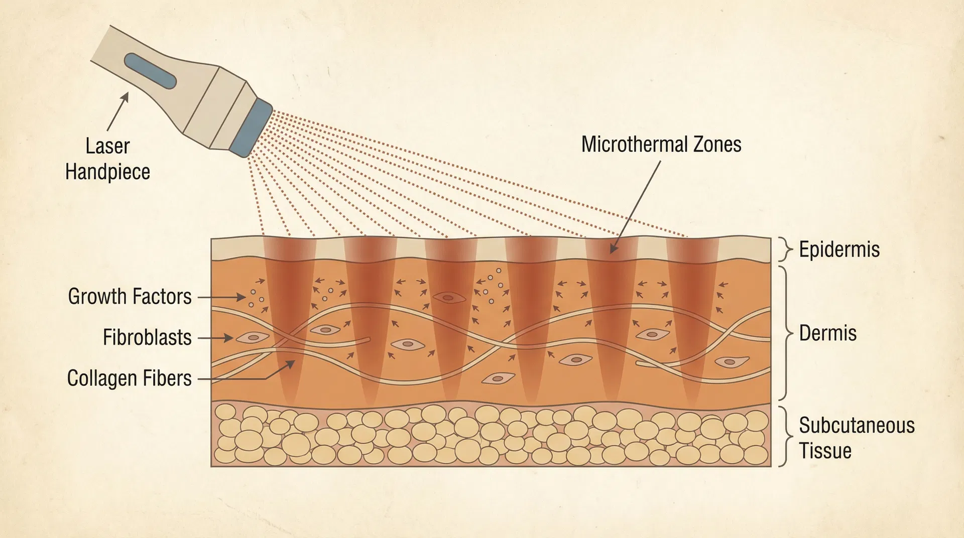 Professional medical illustration of fractional laser mechanism showing laser device, microthermal zones, skin layers, collagen fibers, fibroblasts, and growth factors in Scottsdale laser treatment