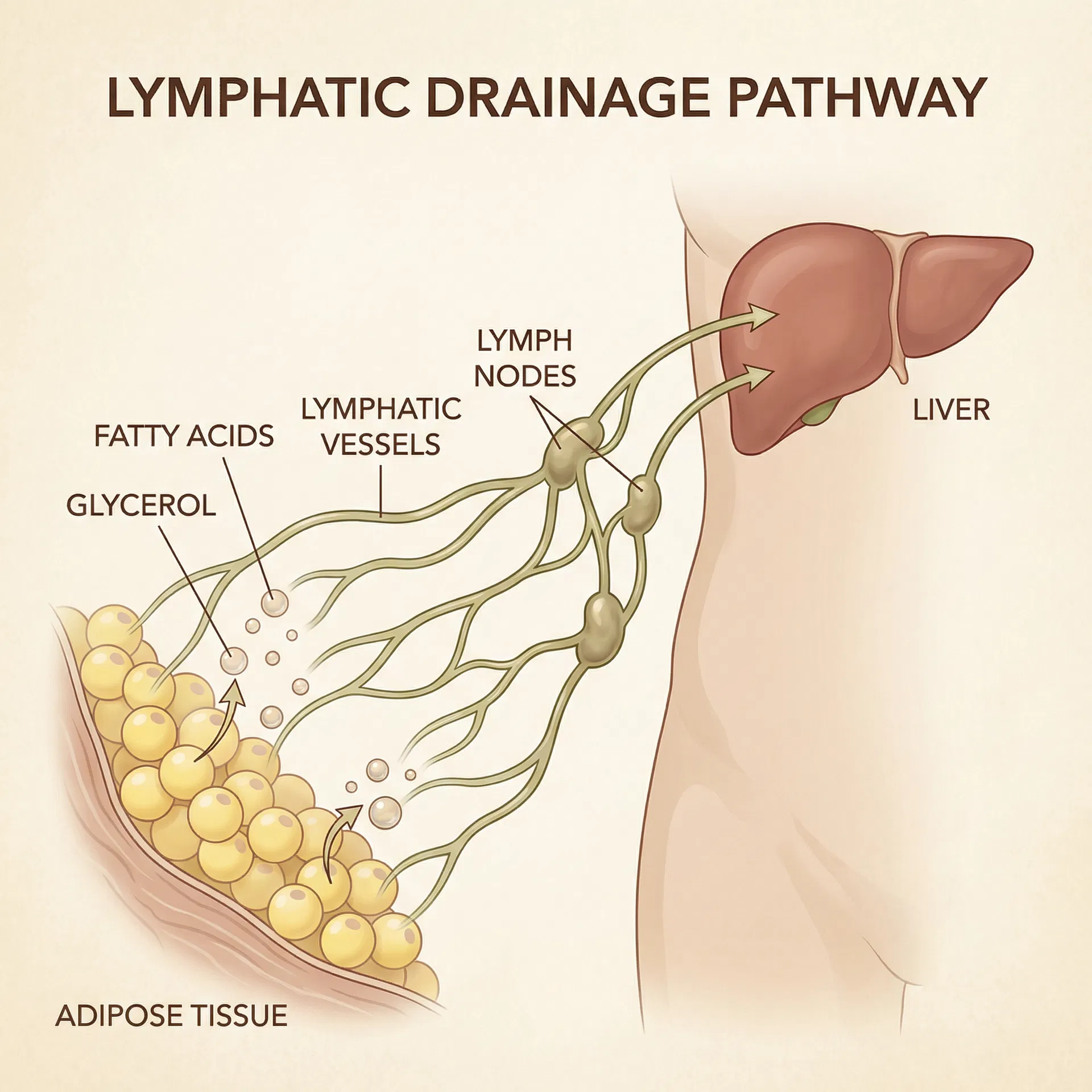 Professional medical science diagram showing lymphatic drainage pathway with released fatty acids and glycerol moving through lymphatic vessels from adipose tissue to lymph nodes and liver