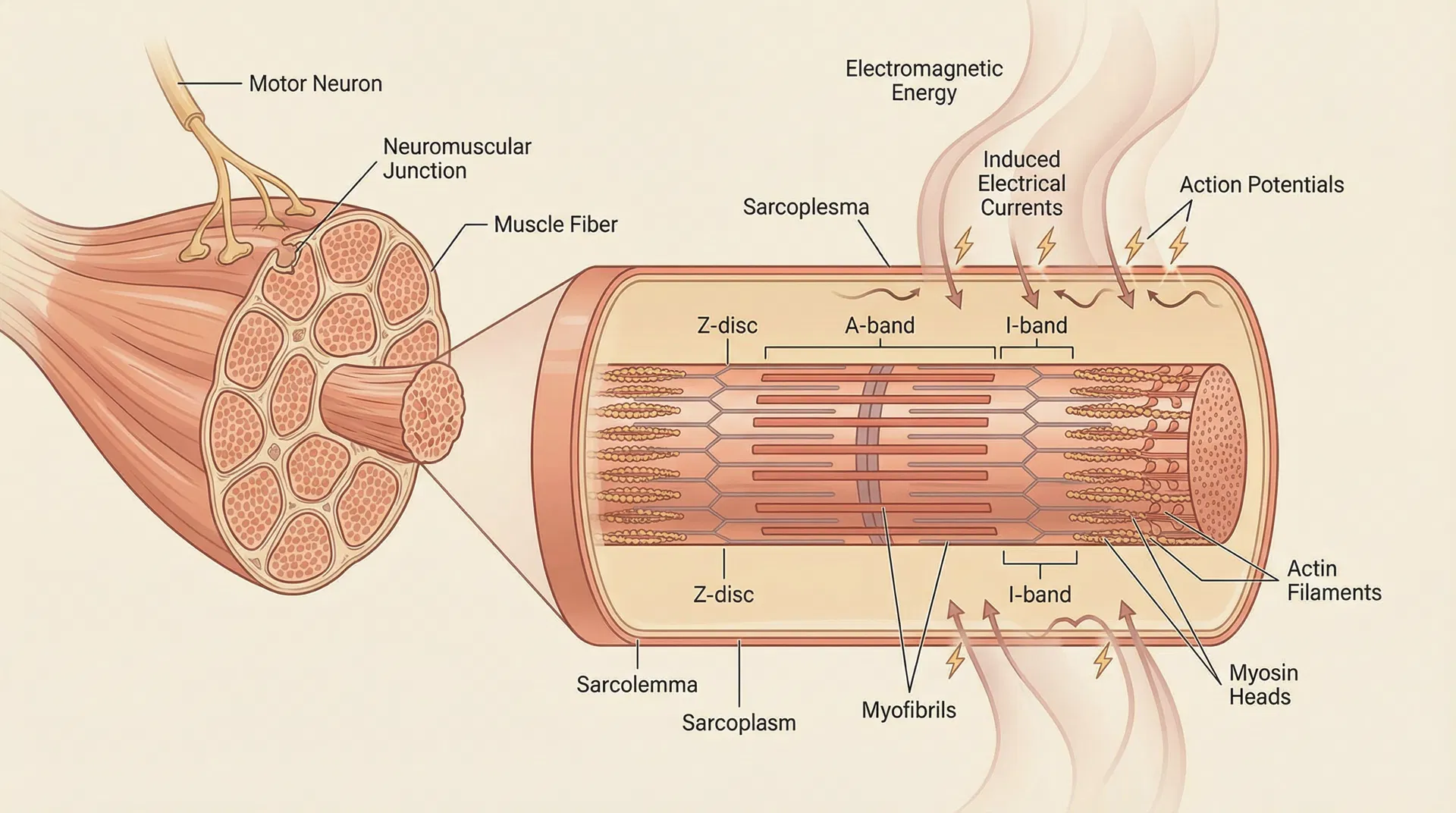 Detailed anatomical illustration showing muscle fiber structure with motor neuron, neuromuscular junction, sarcomeres, Z-discs, A-bands, I-bands, actin and myosin filaments, and electromagnetic energy waves inducing electrical currents that trigger action potentials and supramaximal muscle contractions