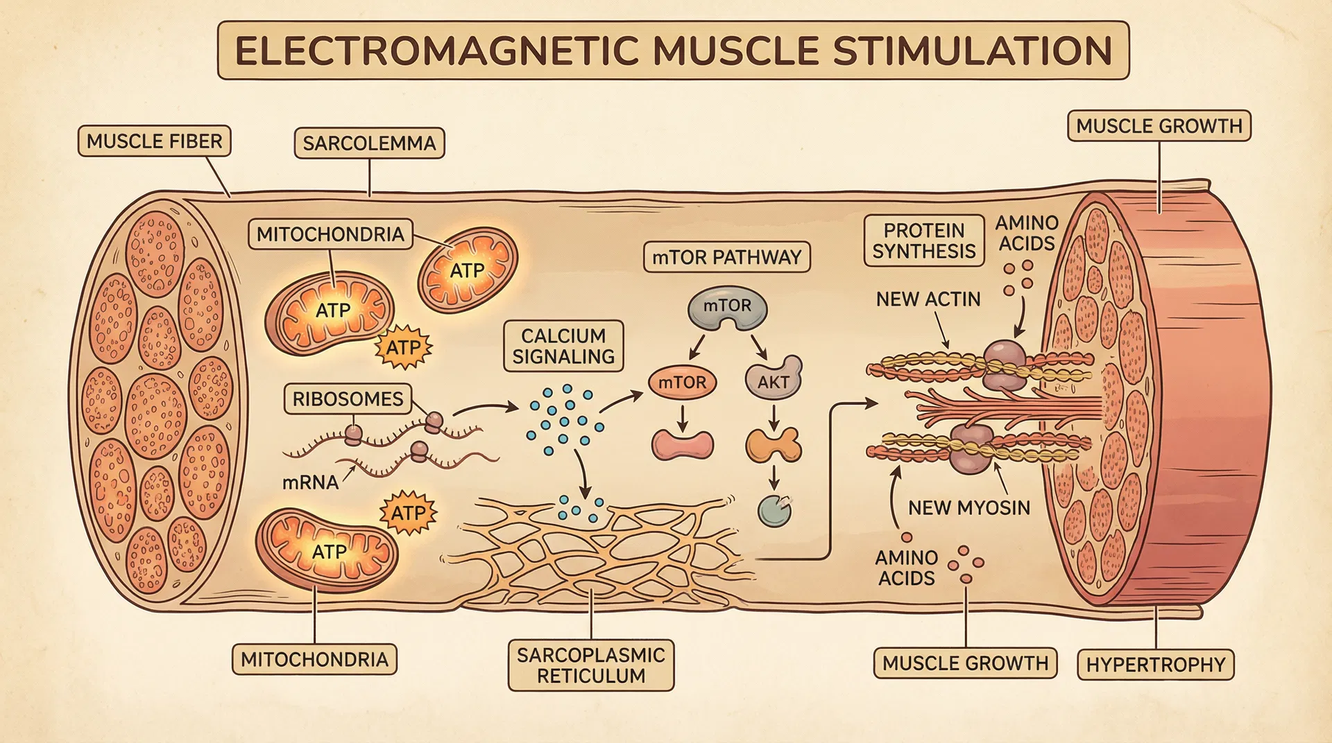 Comprehensive scientific illustration of muscle protein synthesis and mTOR pathway activation showing muscle fiber cross-section with mitochondria producing ATP, ribosomes synthesizing new proteins, calcium signaling, mTOR pathway activation, amino acid transport, new actin and myosin filament deposition, and muscle fiber hypertrophy and growth