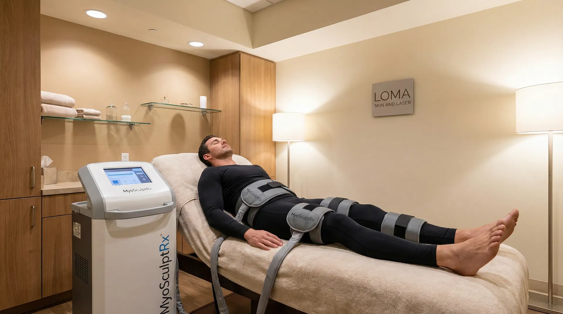 Man receiving MyoSculptRx PEMF muscle sculpting treatment on abdomen and hamstrings at luxury Loma Skin and Laser clinic in Scottsdale, wearing black athletic wear