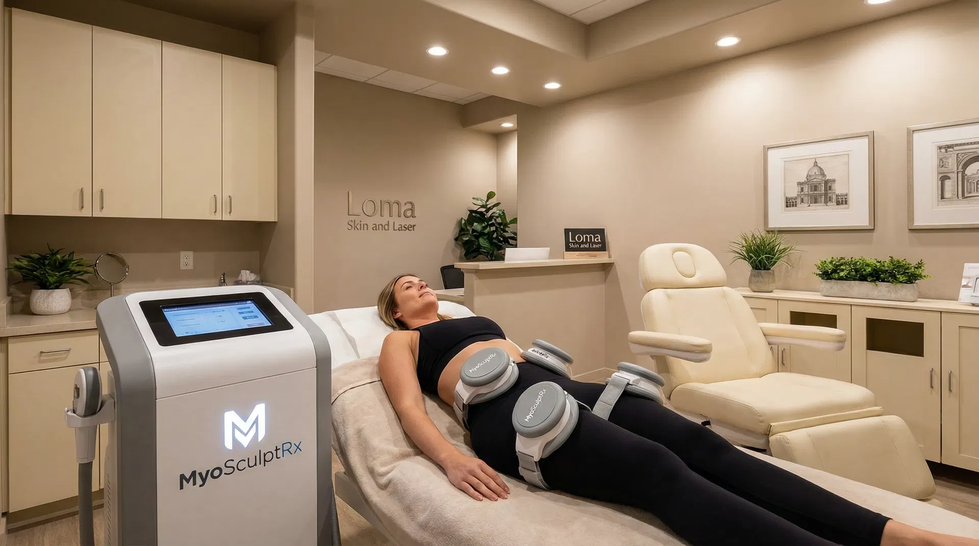 Woman receiving MyoSculptRx PEMF muscle sculpting treatment on abdomen and quadriceps at luxury Loma Skin and Laser clinic in Scottsdale, wearing black athletic wear