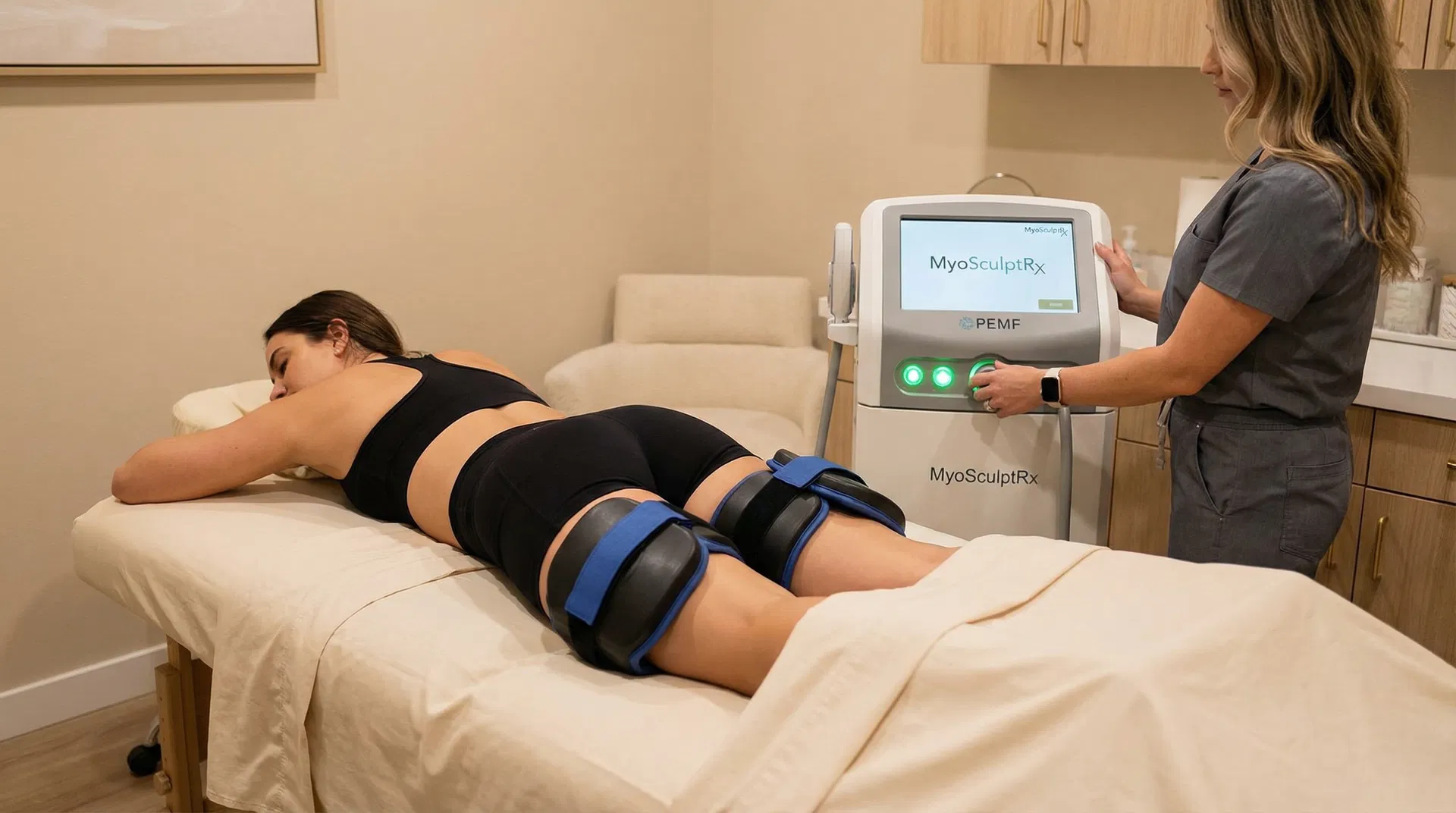 Woman receiving MyoSculptRx PEMF muscle sculpting treatment on glutes and hamstrings at luxury Loma Skin and Laser clinic in Scottsdale, wearing black athletic wear