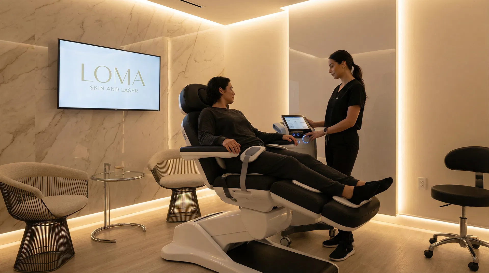 Active pelvic floor training treatment in Scottsdale at Loma Skin and Laser with healthcare provider monitoring patient session on modern equipment