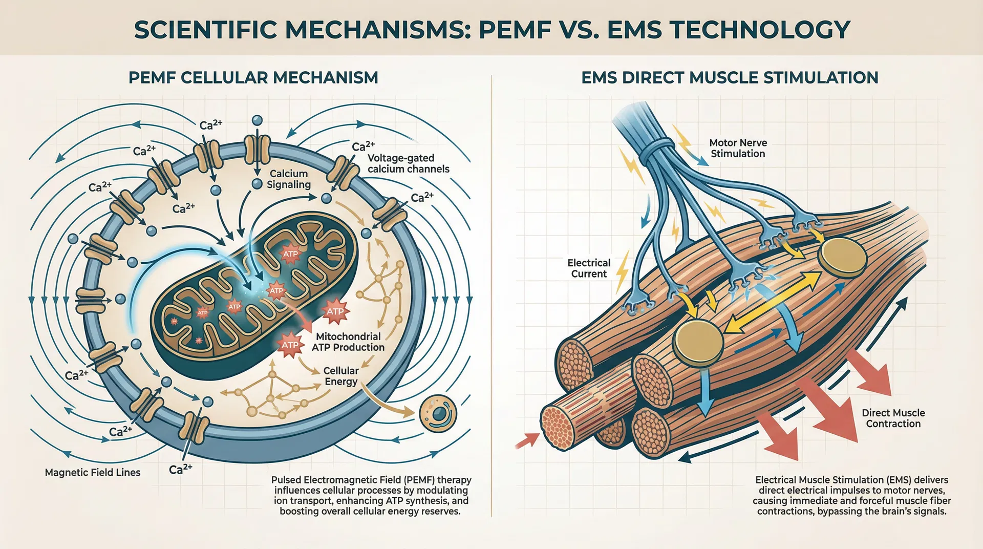 Scientific illustration comparing PEMF cellular mechanism with calcium channels and ATP production versus EMS direct muscle fiber stimulation