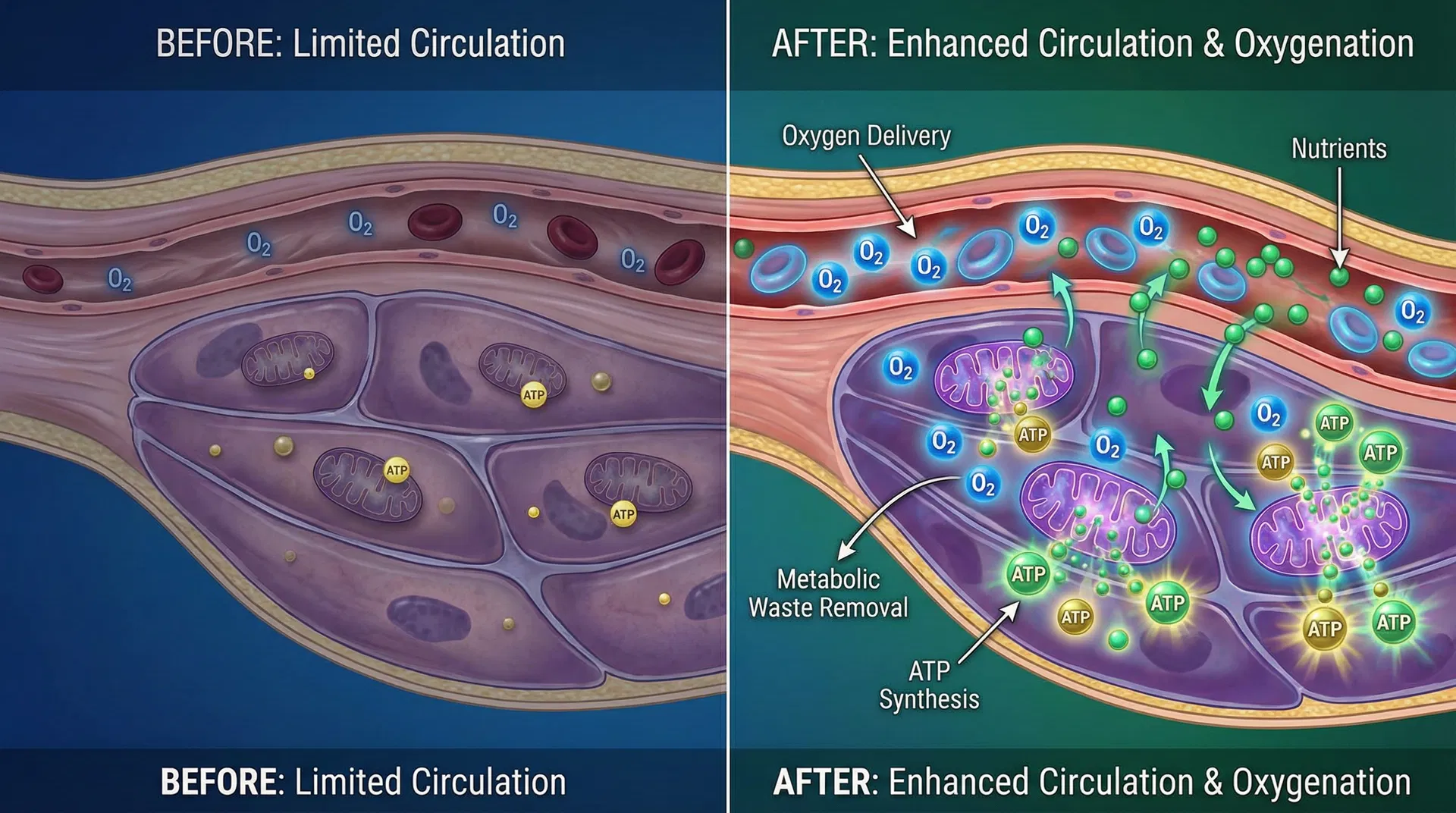 Scientific illustration showing enhanced circulation and oxygenation with increased oxygen delivery, nutrient transport, and ATP synthesis in mitochondria