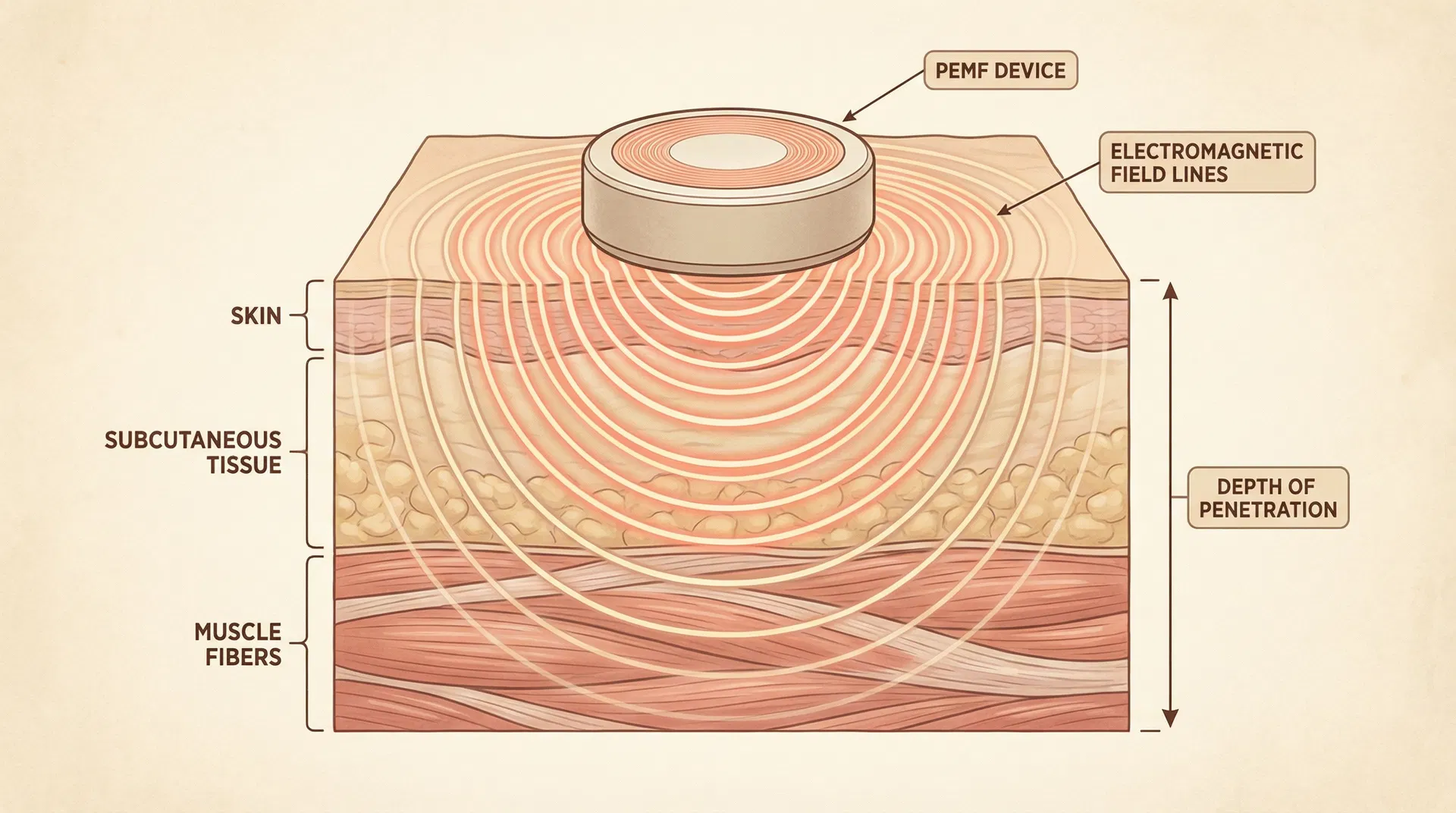 Scientific cross-sectional illustration of PEMF device showing electromagnetic field lines penetrating through skin, subcutaneous tissue, and muscle fibers with labeled depth of penetration
