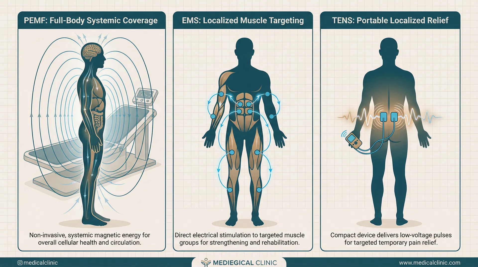 Comparison diagram showing PEMF treatment setup with full-body coverage versus EMS electrode placement and TENS portable device