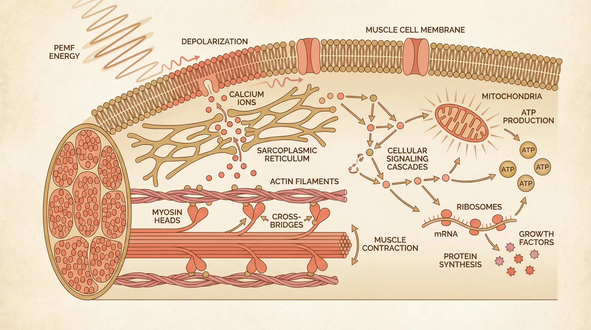 Detailed cellular illustration showing PEMF-induced muscle contraction mechanism with electromagnetic stimulation, muscle cell membrane depolarization, calcium ion release, actin-myosin cross-bridge formation, mitochondrial ATP production, and growth factor signaling