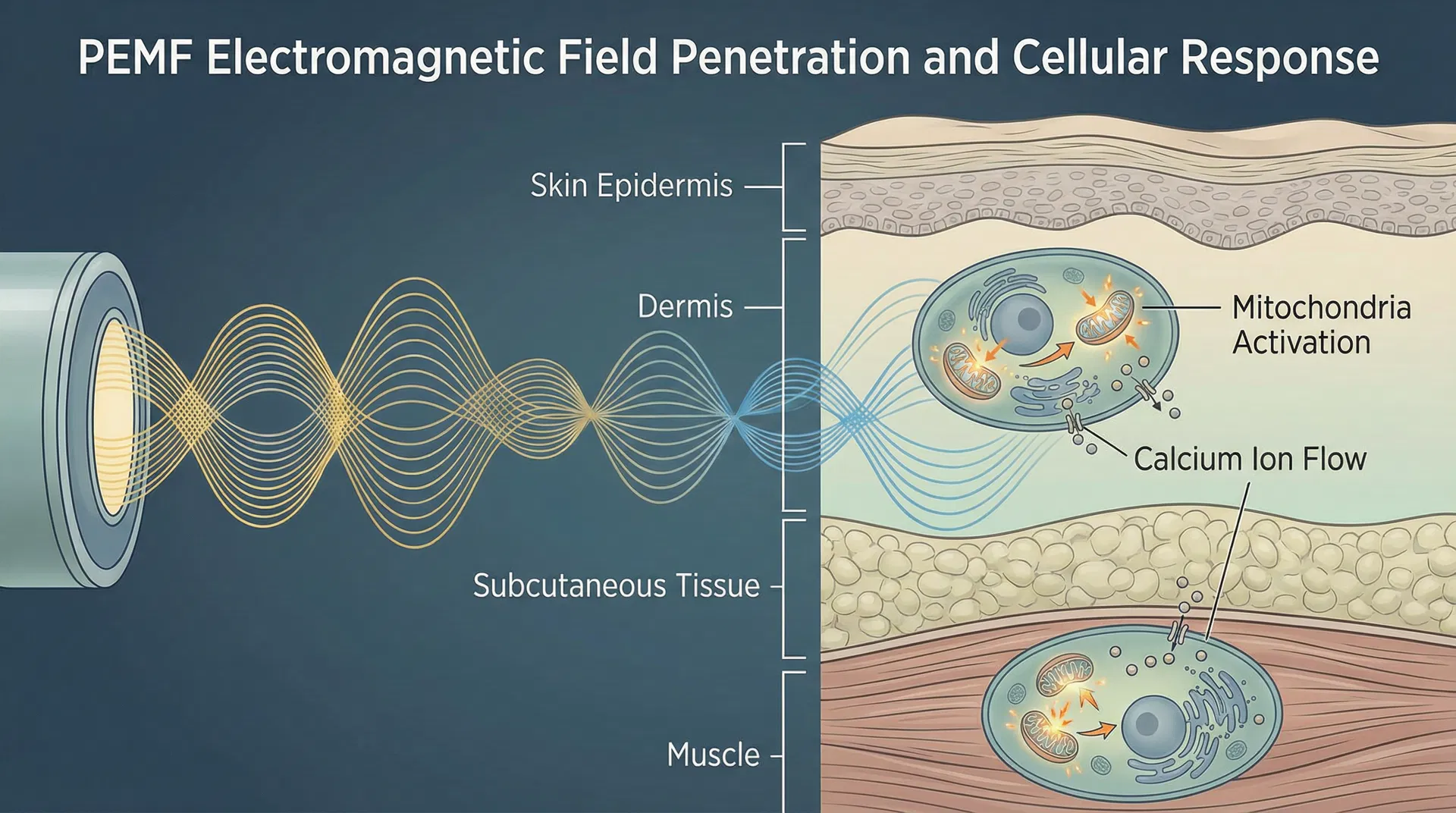 Medical illustration showing PEMF electromagnetic field penetration through skin epidermis, dermis, subcutaneous tissue, and muscle layers with cellular activation and mitochondrial response