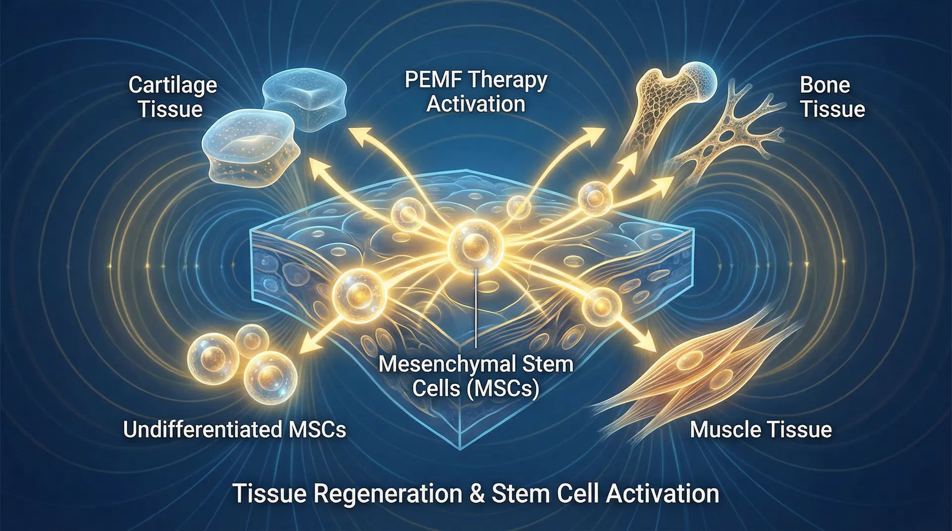 Scientific illustration of PEMF therapy stimulating tissue regeneration and mesenchymal stem cell activation showing differentiation into bone, cartilage, and muscle tissue