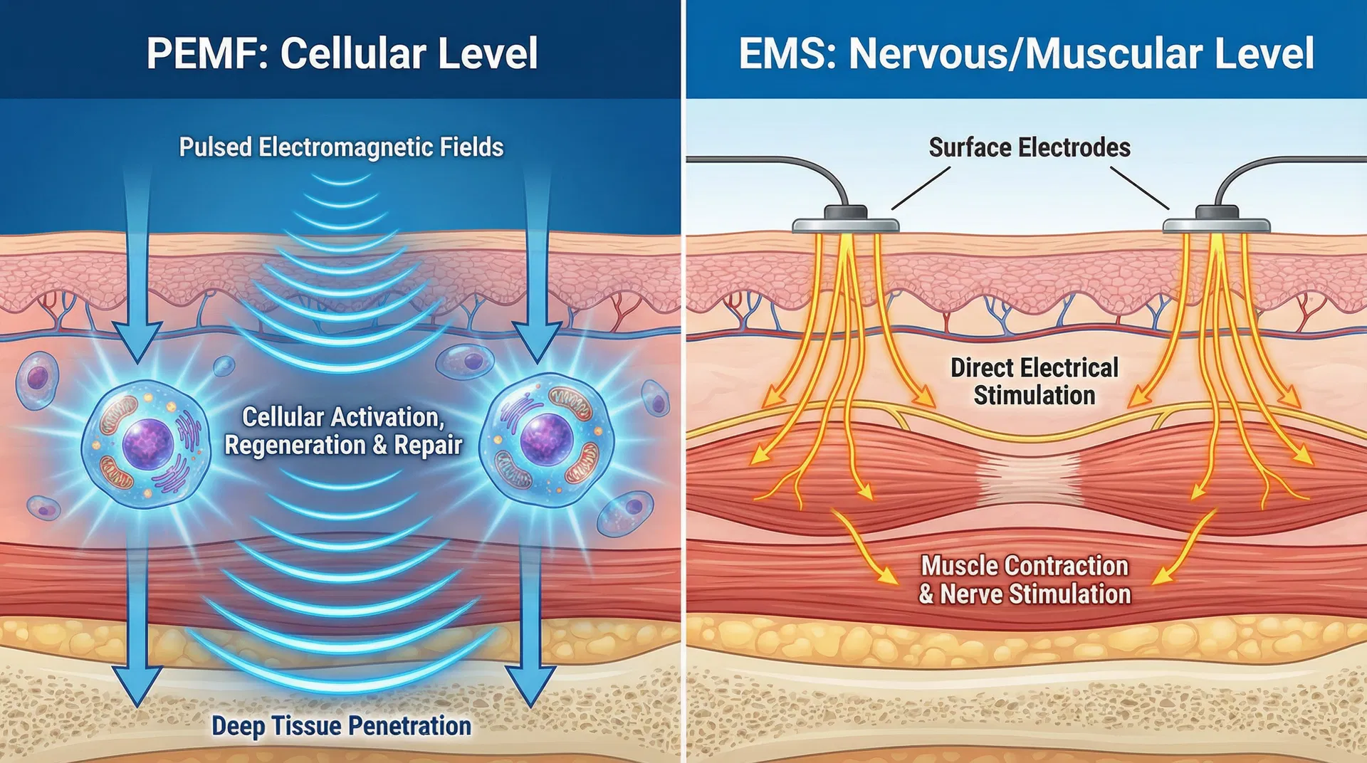 Side-by-side comparison diagram showing PEMF pulsed electromagnetic field waves penetrating tissue at cellular level versus EMS electrodes providing direct electrical stimulation at nervous and muscular levels