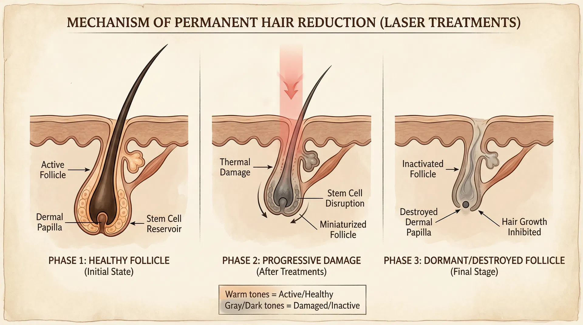 Detailed illustration showing permanent hair reduction mechanism after multiple laser treatments depicting three phases: healthy active follicle with intact dermal papilla and stem cells, progressive thermal damage to follicular structures and stem cell disruption, and final dormant or destroyed follicle with inactivated dermal papilla and inhibited hair growth
