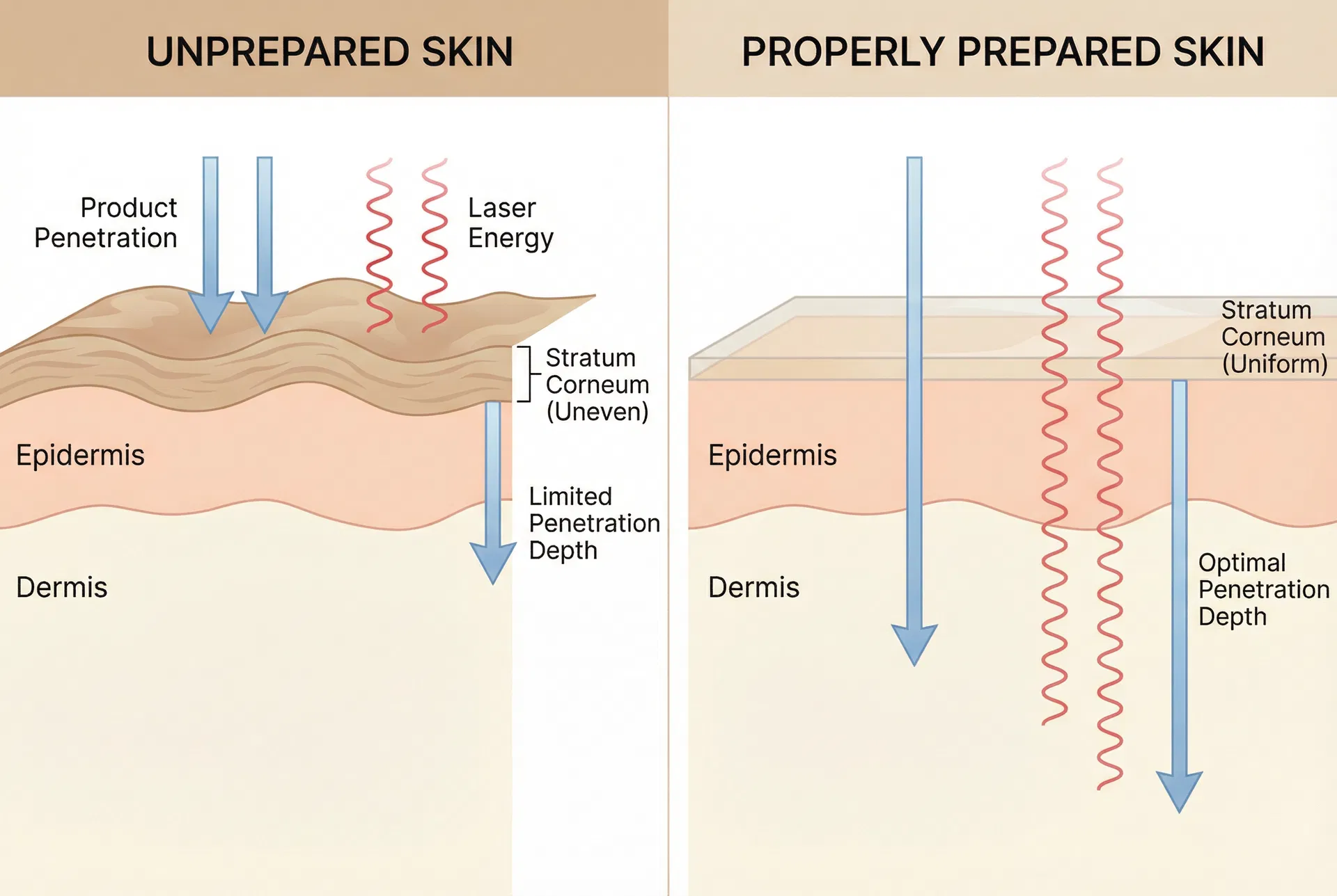 Side-by-side medical illustration comparing product and laser energy penetration in unprepared skin with uneven stratum corneum versus properly prepared skin with uniform penetration depth