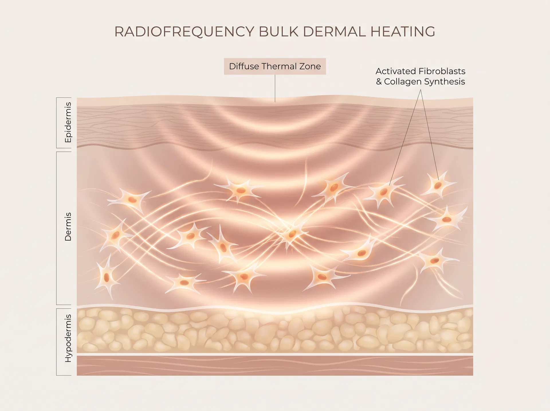 Radiofrequency bulk dermal heating showing wide diffuse thermal zone
