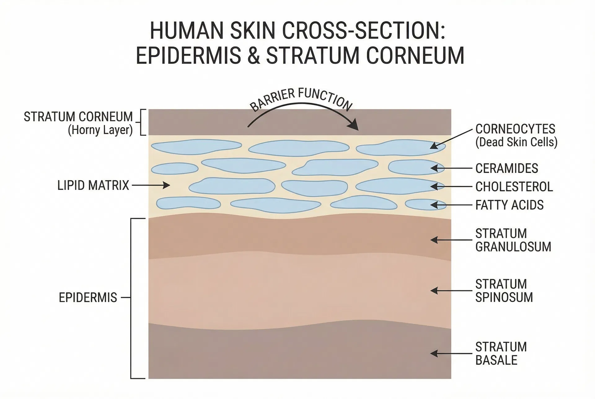Detailed medical cross-section illustration of human skin showing epidermis and stratum corneum with labeled components including stratum corneum, corneocytes, lipid matrix, ceramides, cholesterol, fatty acids, and barrier function