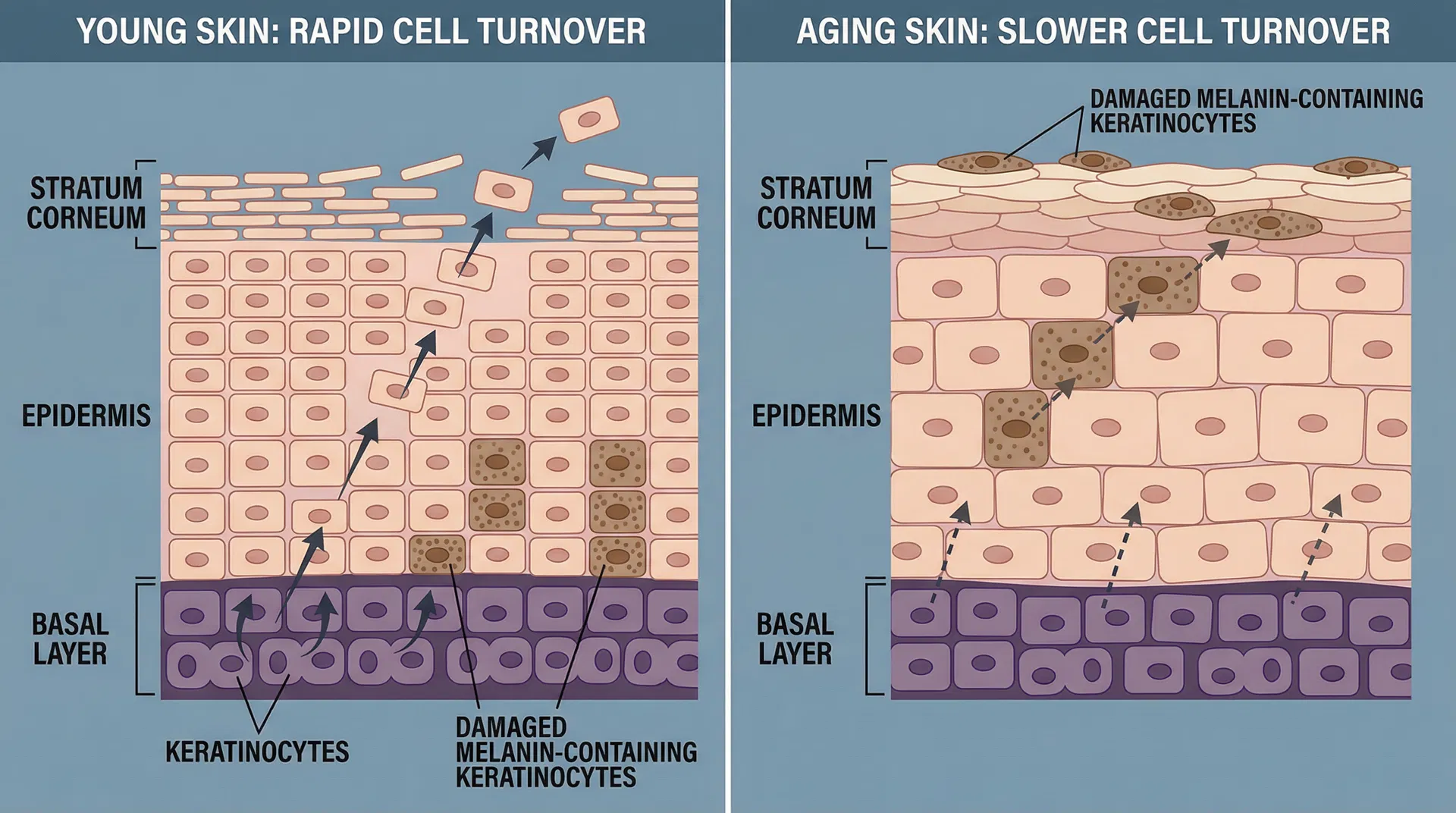Side-by-side comparison showing young skin with rapid cell turnover and damaged melanin clearing quickly versus aging skin with slower turnover and pigment accumulating and surfacing